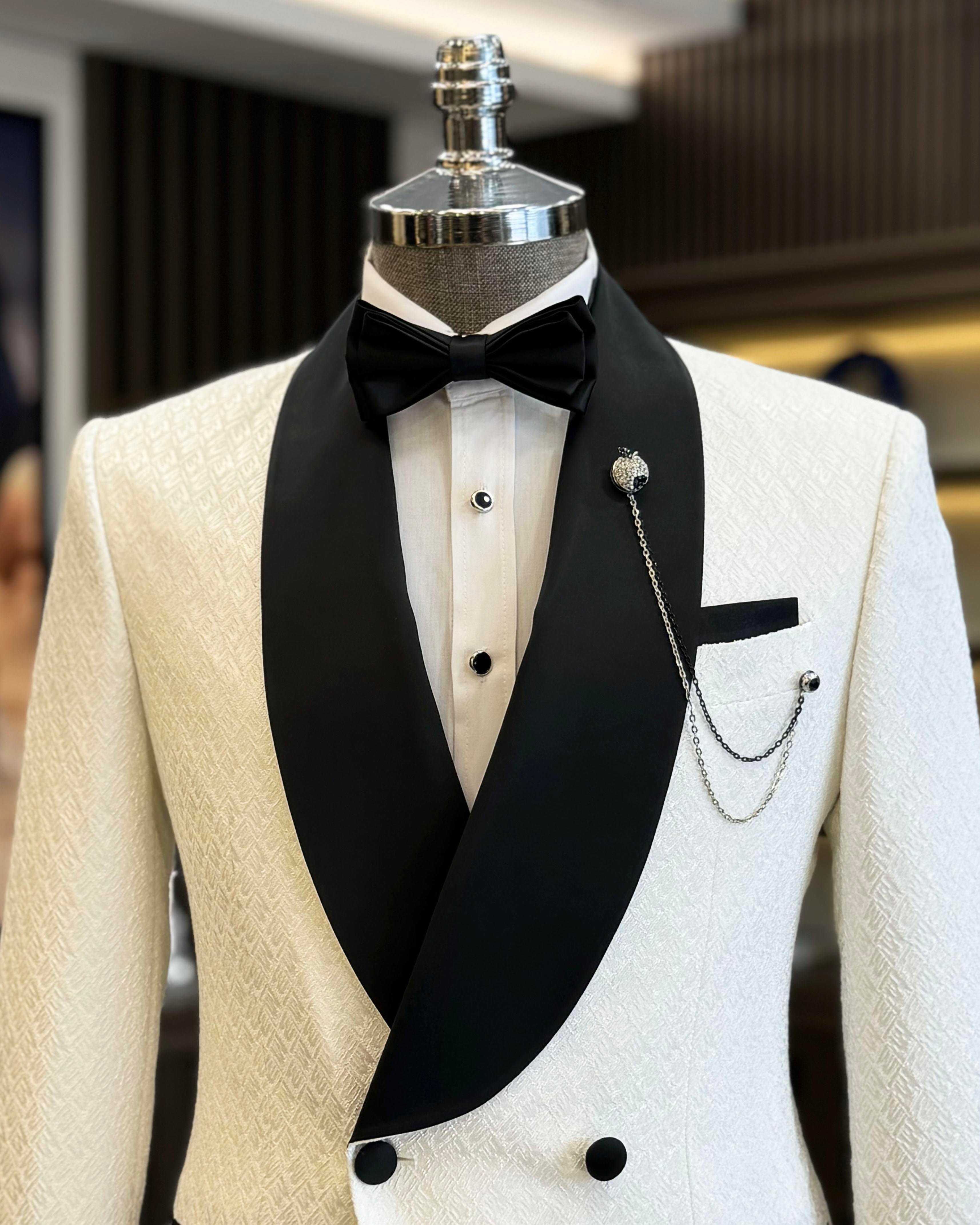 İtalyan stil slim fit şal yaka kruvaze ceket pantolon damatlık set beyaz T12028