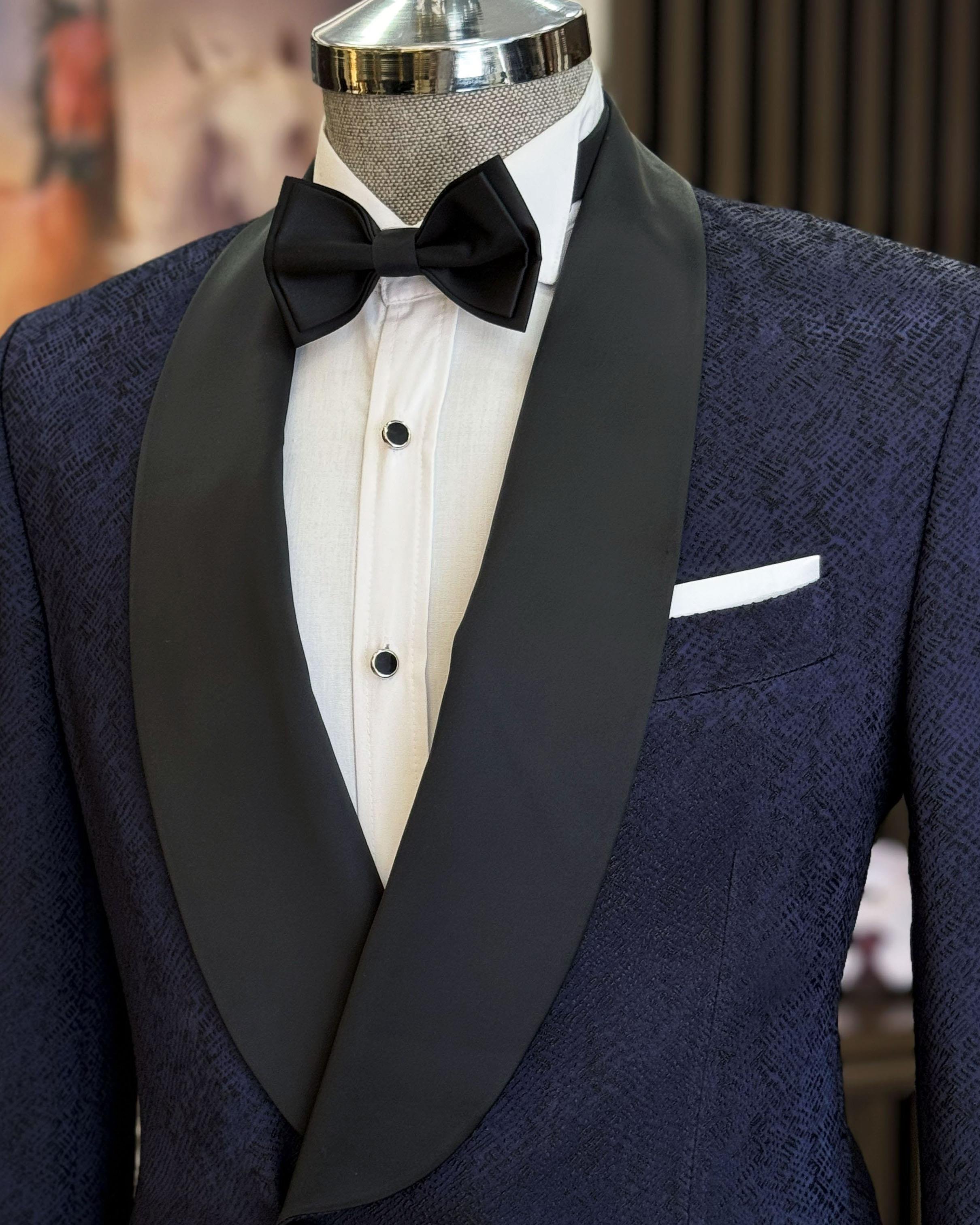 İtalyan stil slim fit şal yaka kruvaze ceket pantolon damatlık set lacivert T12032