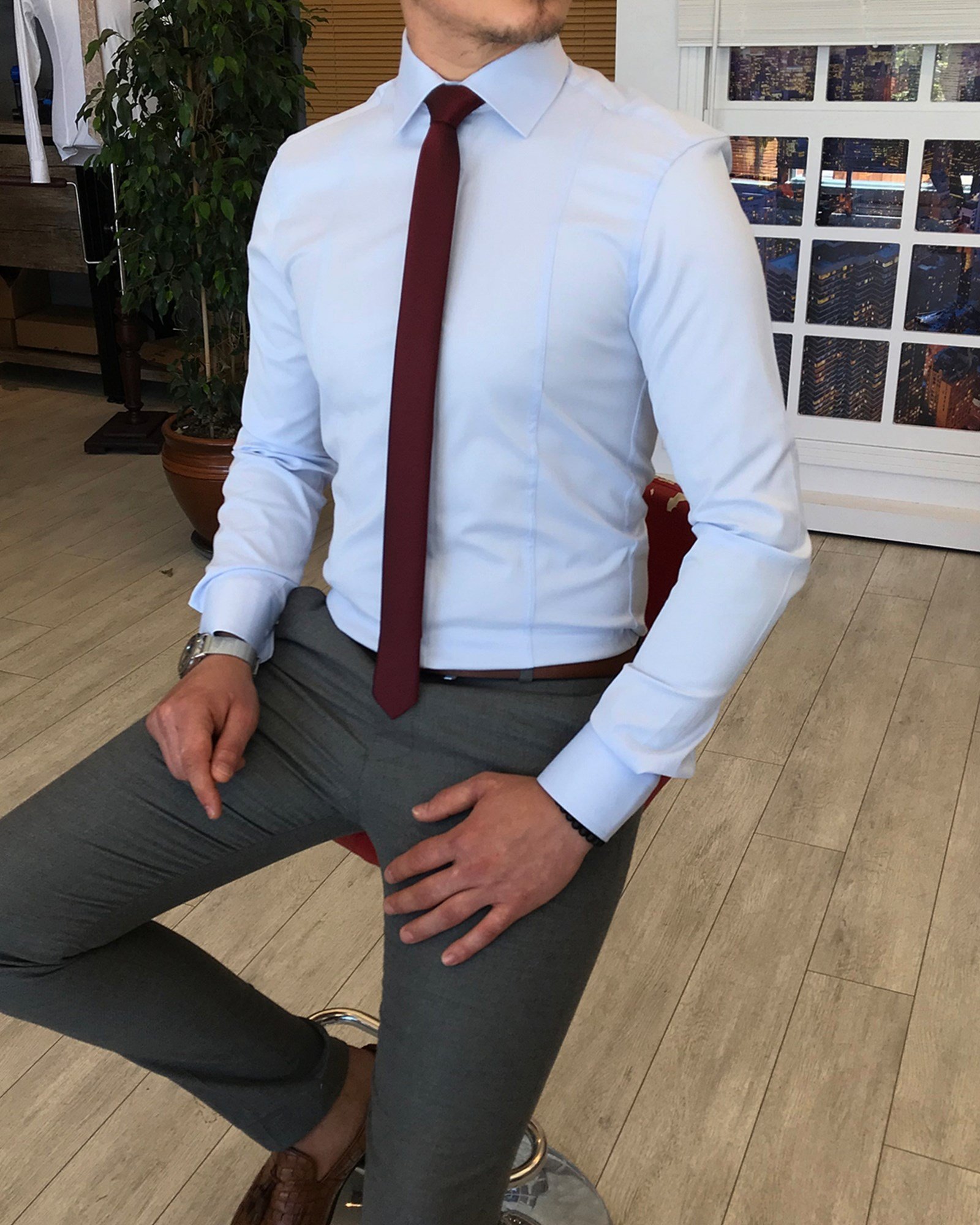 İtalyan stil slim fit saten kravat yaka gömlek B.Mavisi T4773