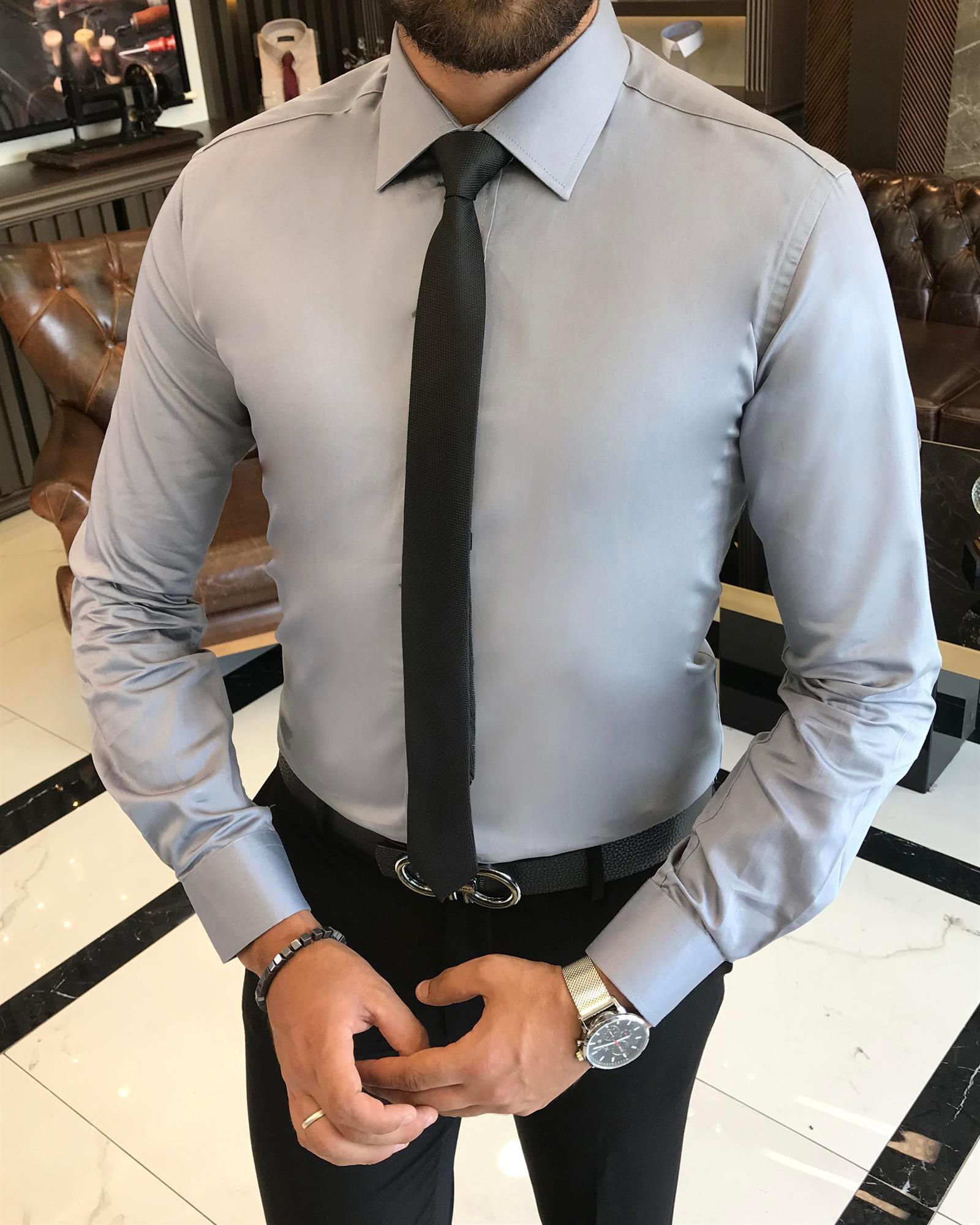 İtalyan stil slim fit saten pamuk erkek kravat yaka gömlek Gri T9428