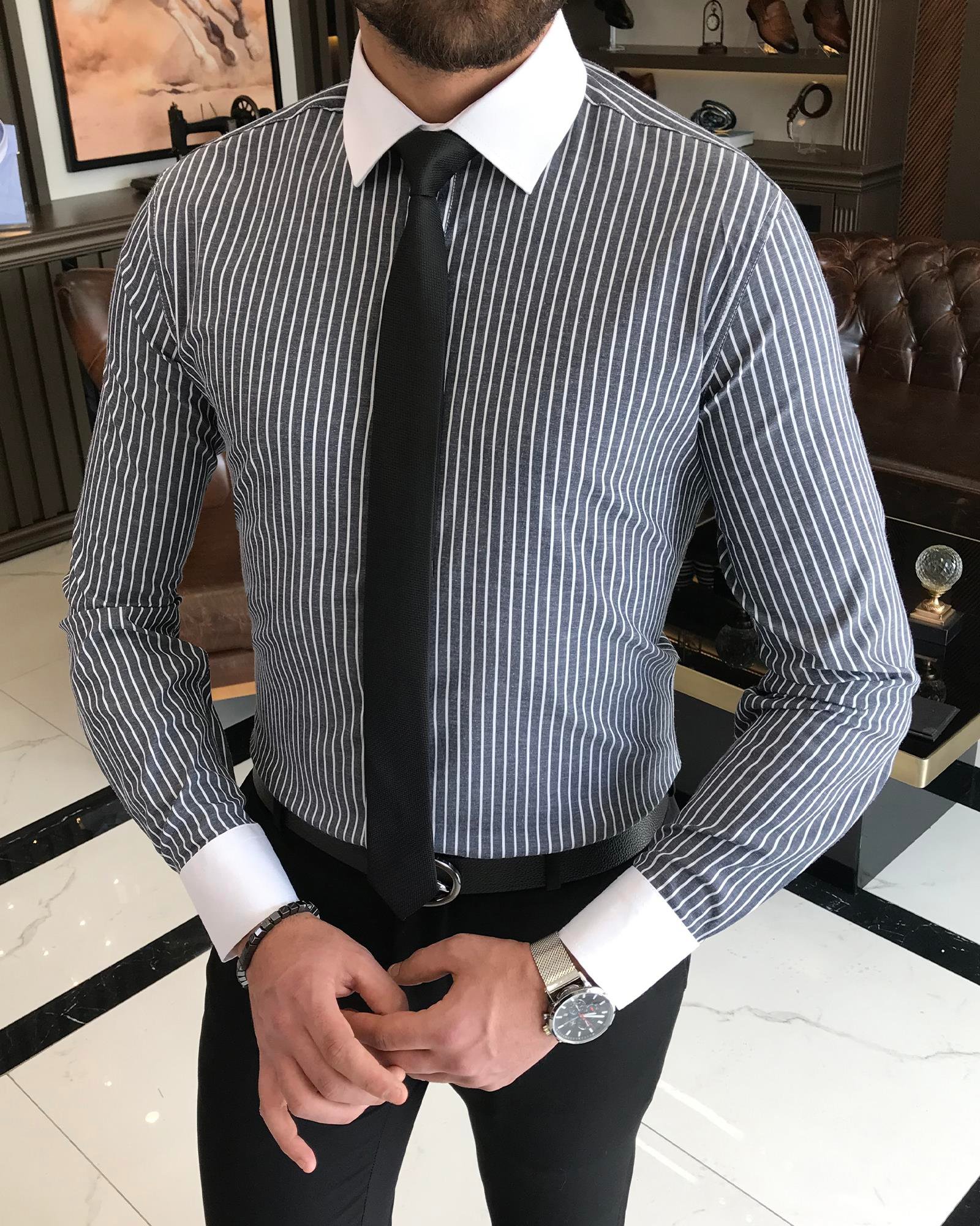 İtalyan stil slim fit saten pamuk karışımı çizgili erkek kravat yaka gömlek lacivert T9221