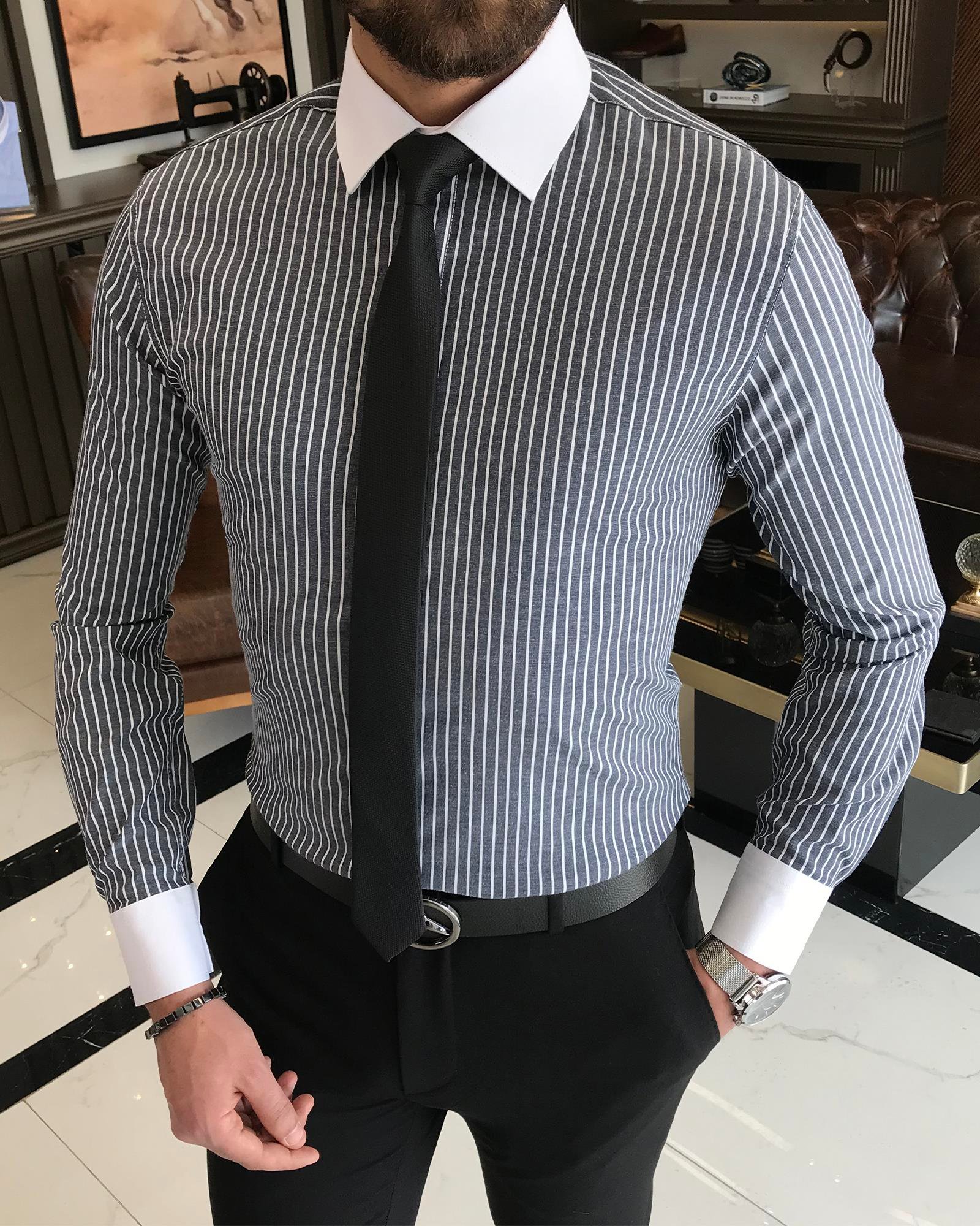 İtalyan stil slim fit saten pamuk karışımı çizgili erkek kravat yaka gömlek lacivert T9221