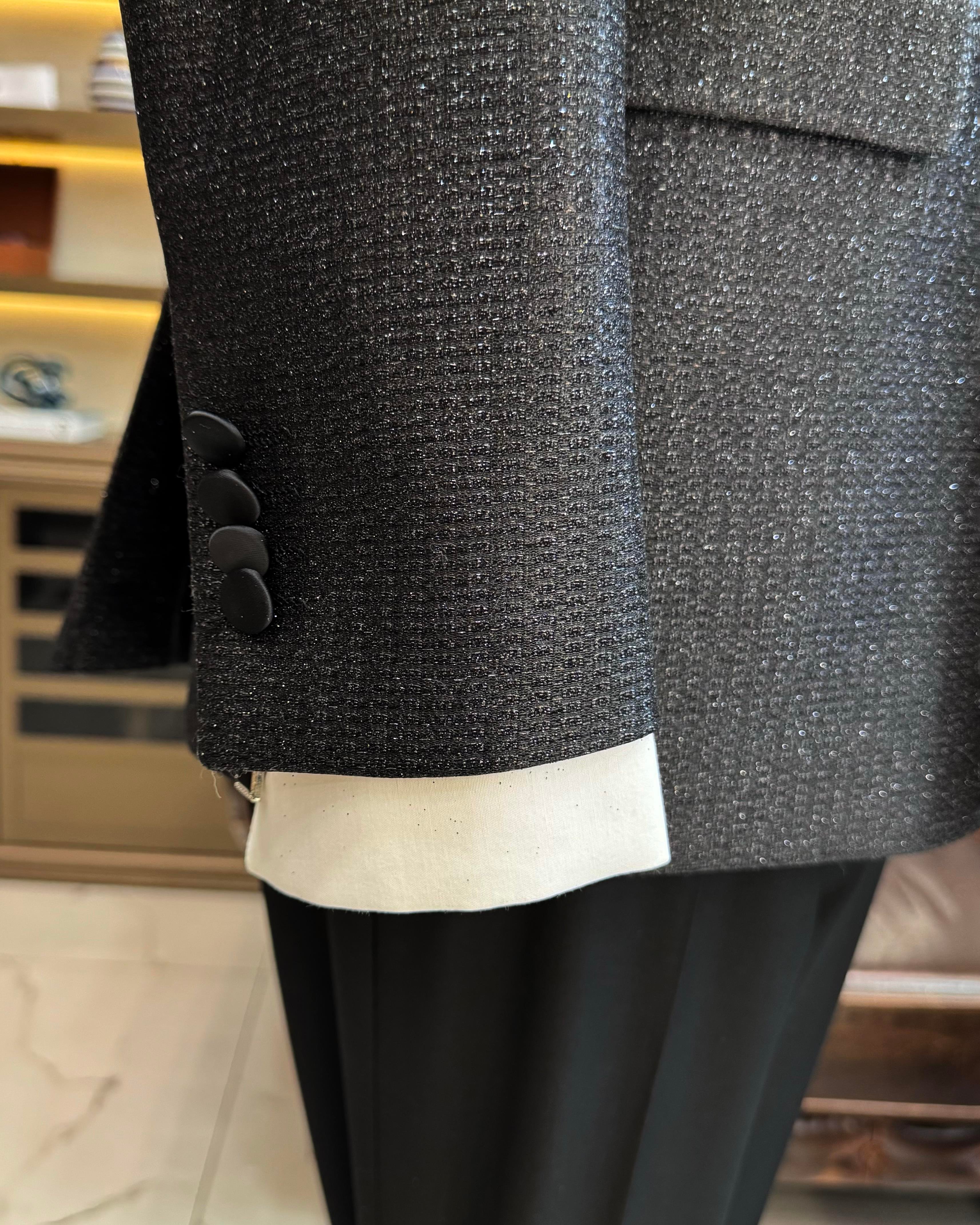 İtalyan stil slim fit simli kruvaze ceket pantolon damatlık set siyah T11568