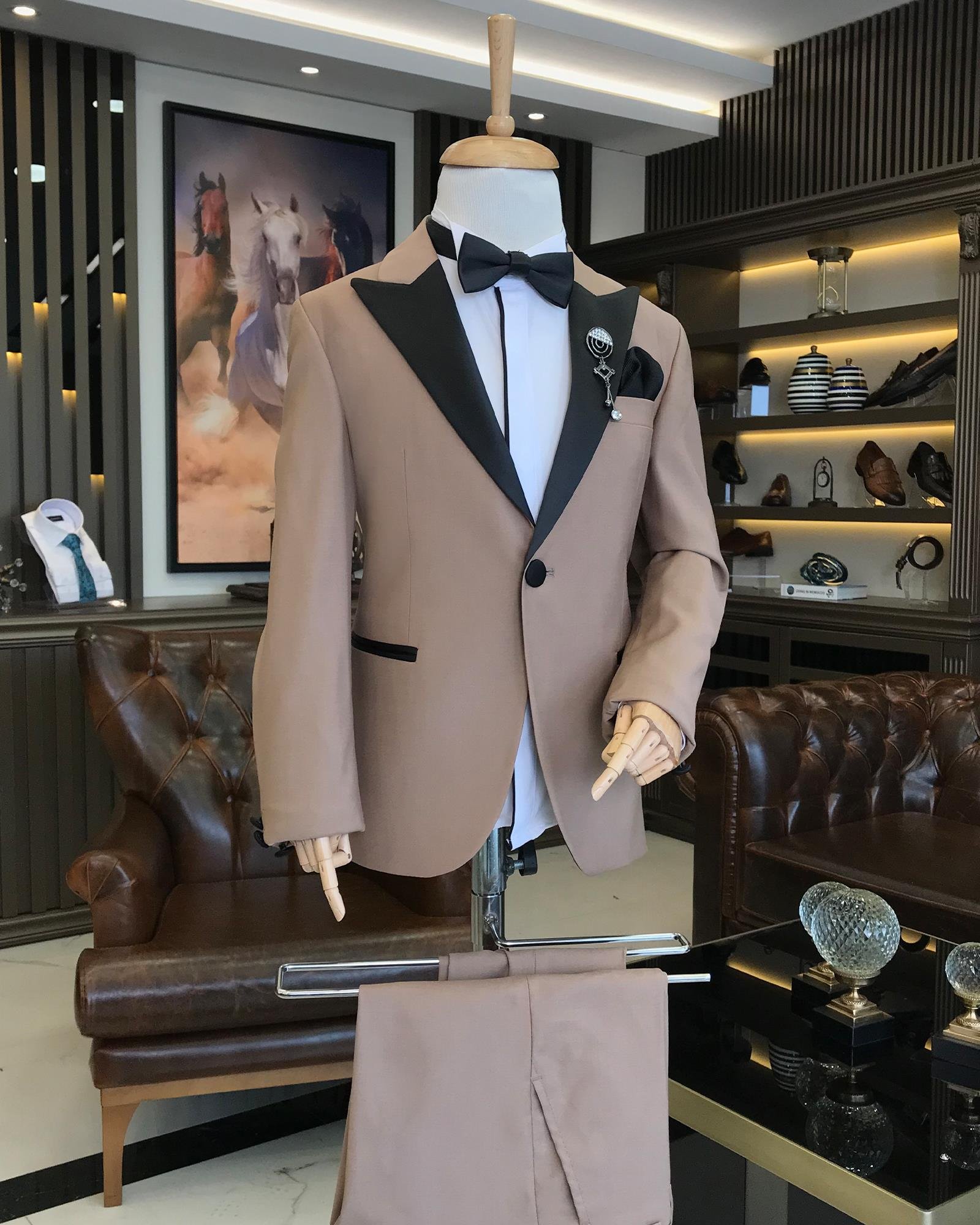 İtalyan stil slim fit sivri yaka ceket pantolon çocuk smokin set vizon T8845