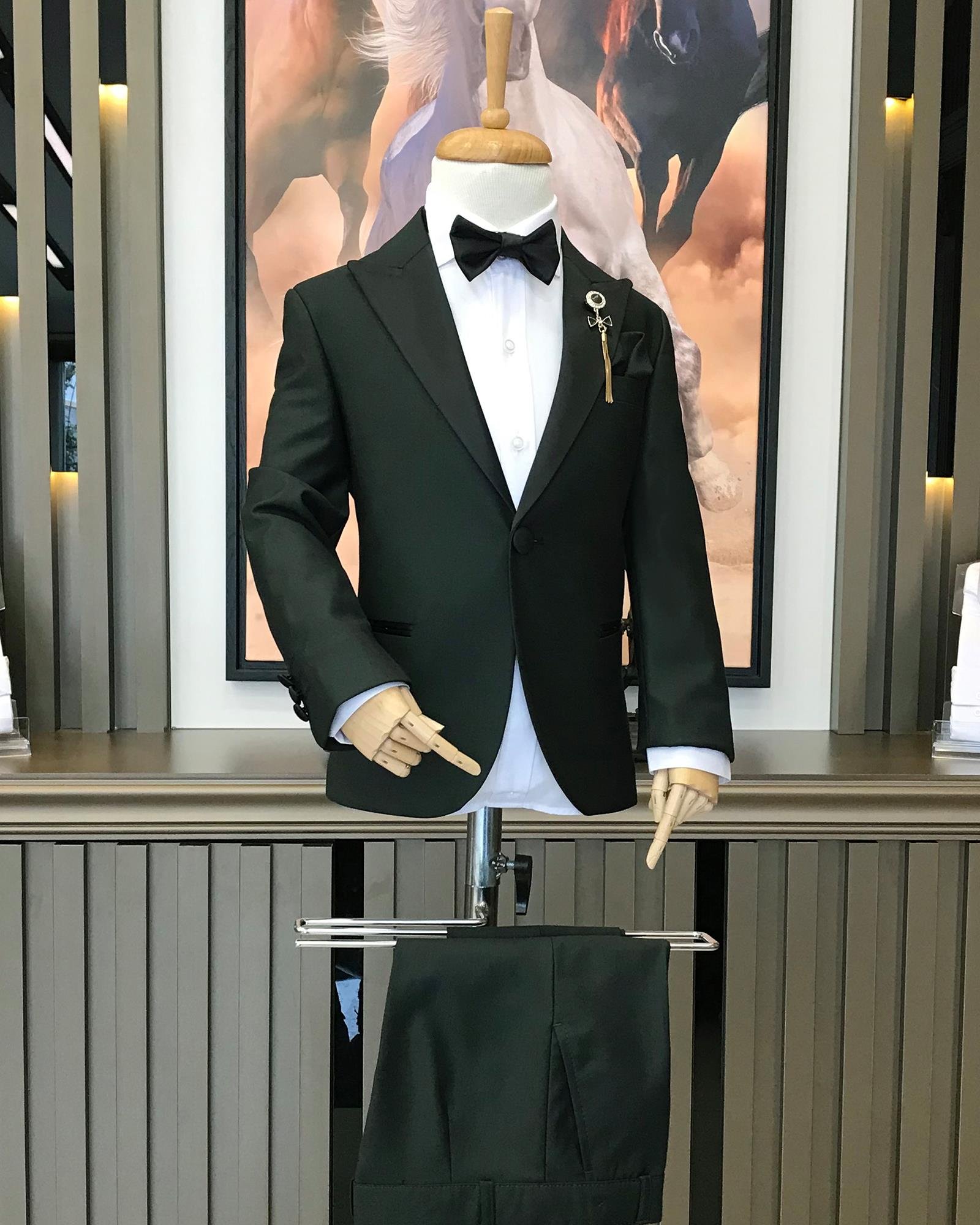 İtalyan stil slim fit sivri yaka ceket pantolon çocuk smokin set yeşil T8841