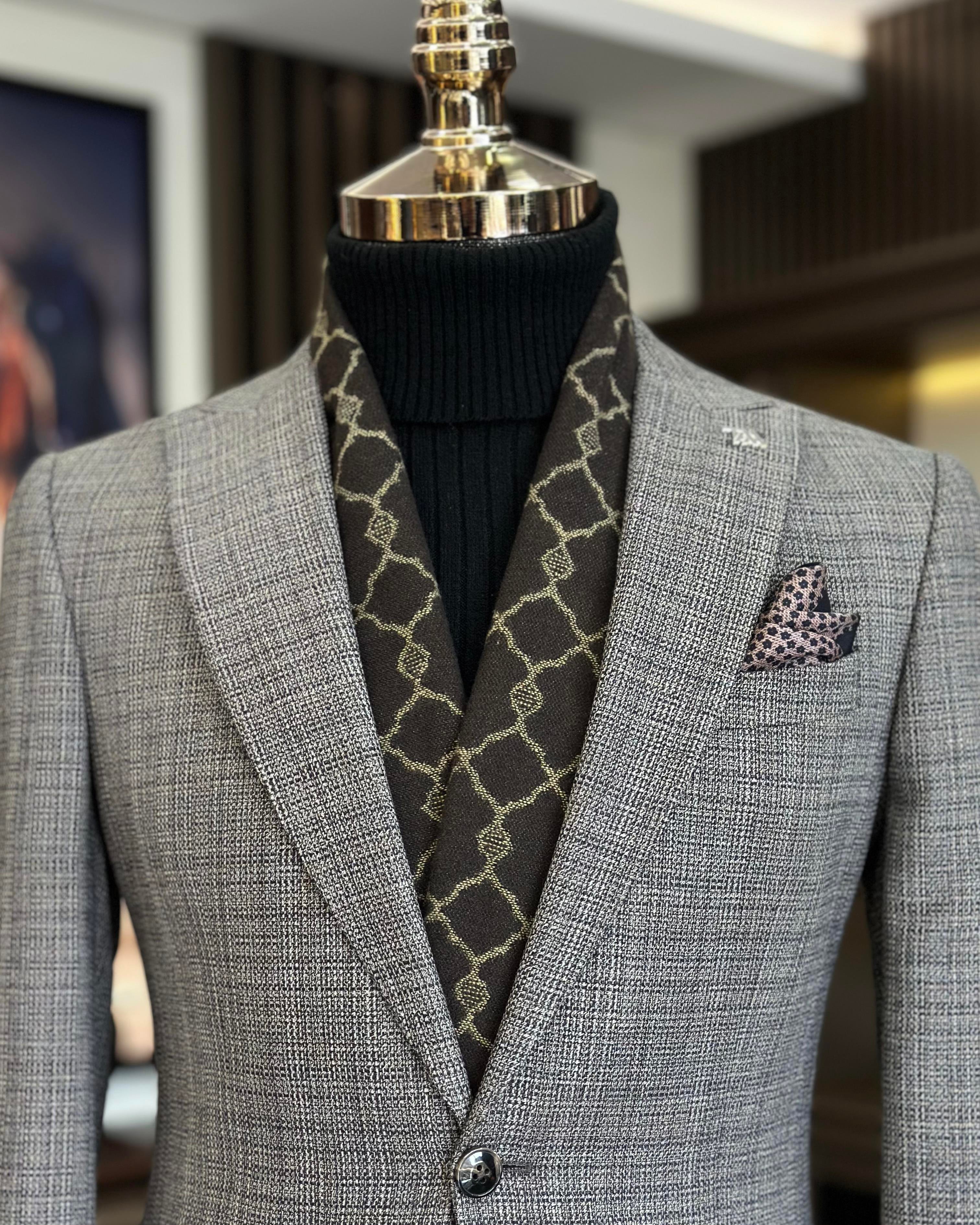  Italian style slim fit pointed collar plaid men's jacket mink T10735