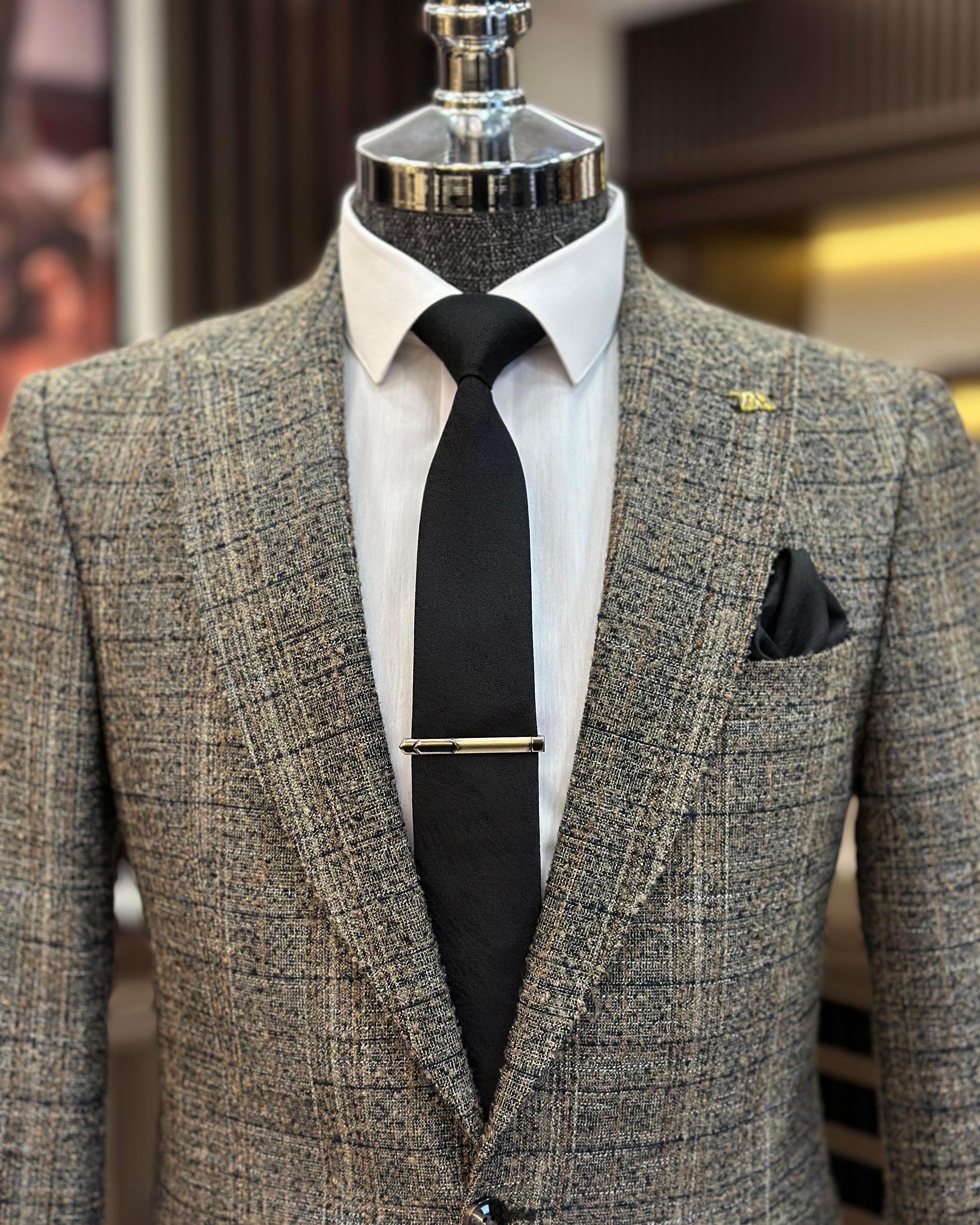 İtalyan stil slim fit sivri yaka ekose erkek vizon T10884