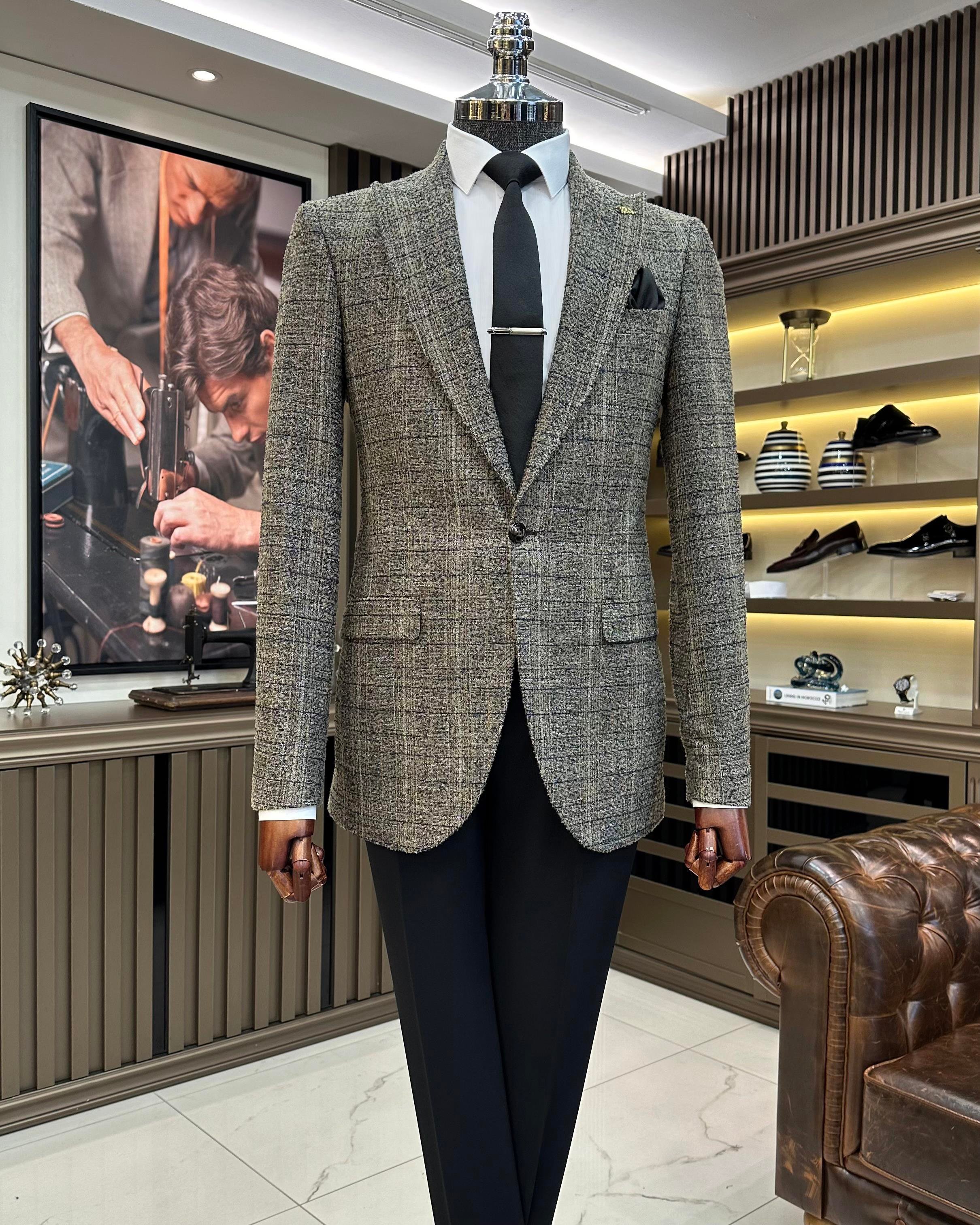 İtalyan stil slim fit sivri yaka ekose erkek vizon T10884