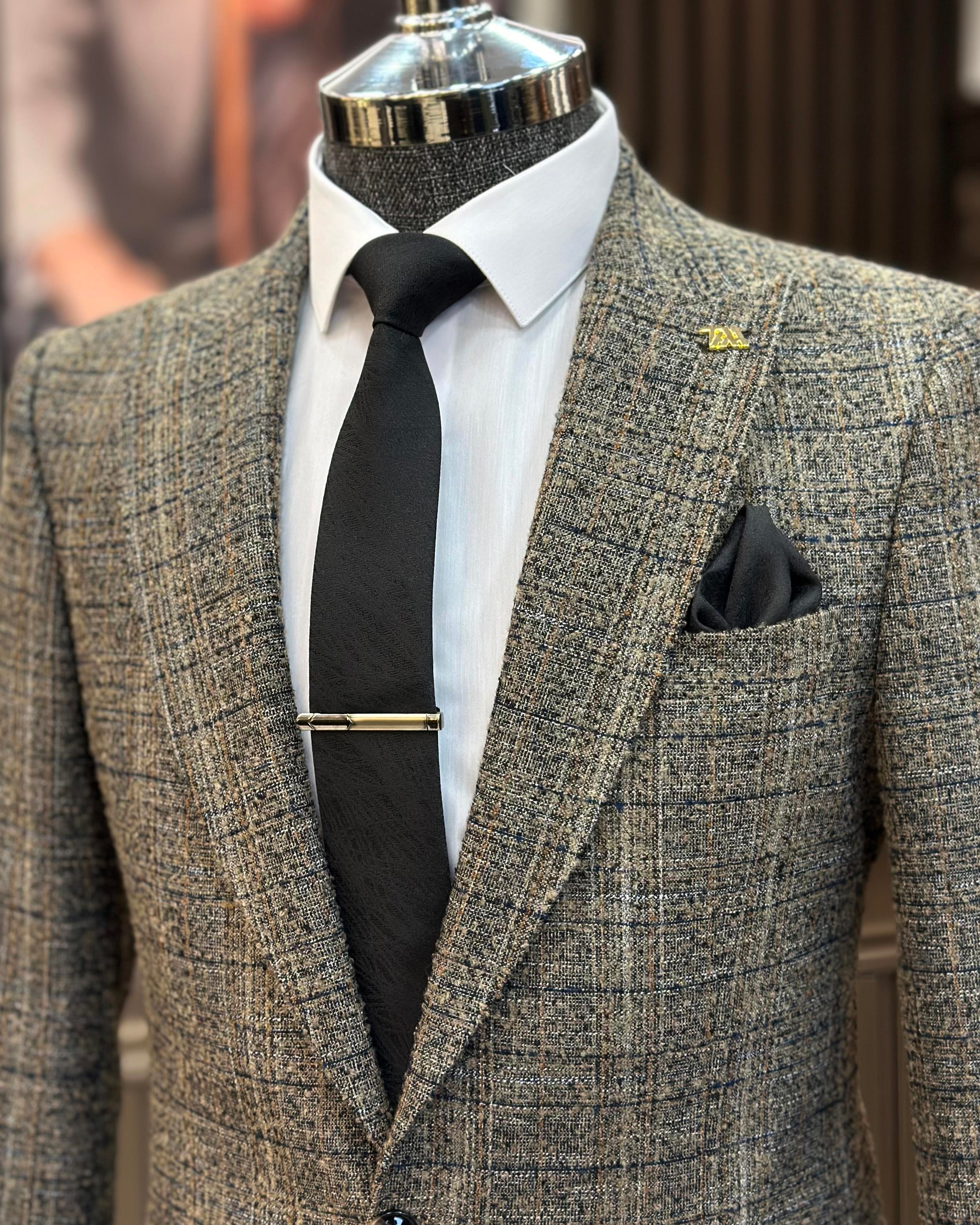 İtalyan stil slim fit sivri yaka ekose erkek vizon T10884