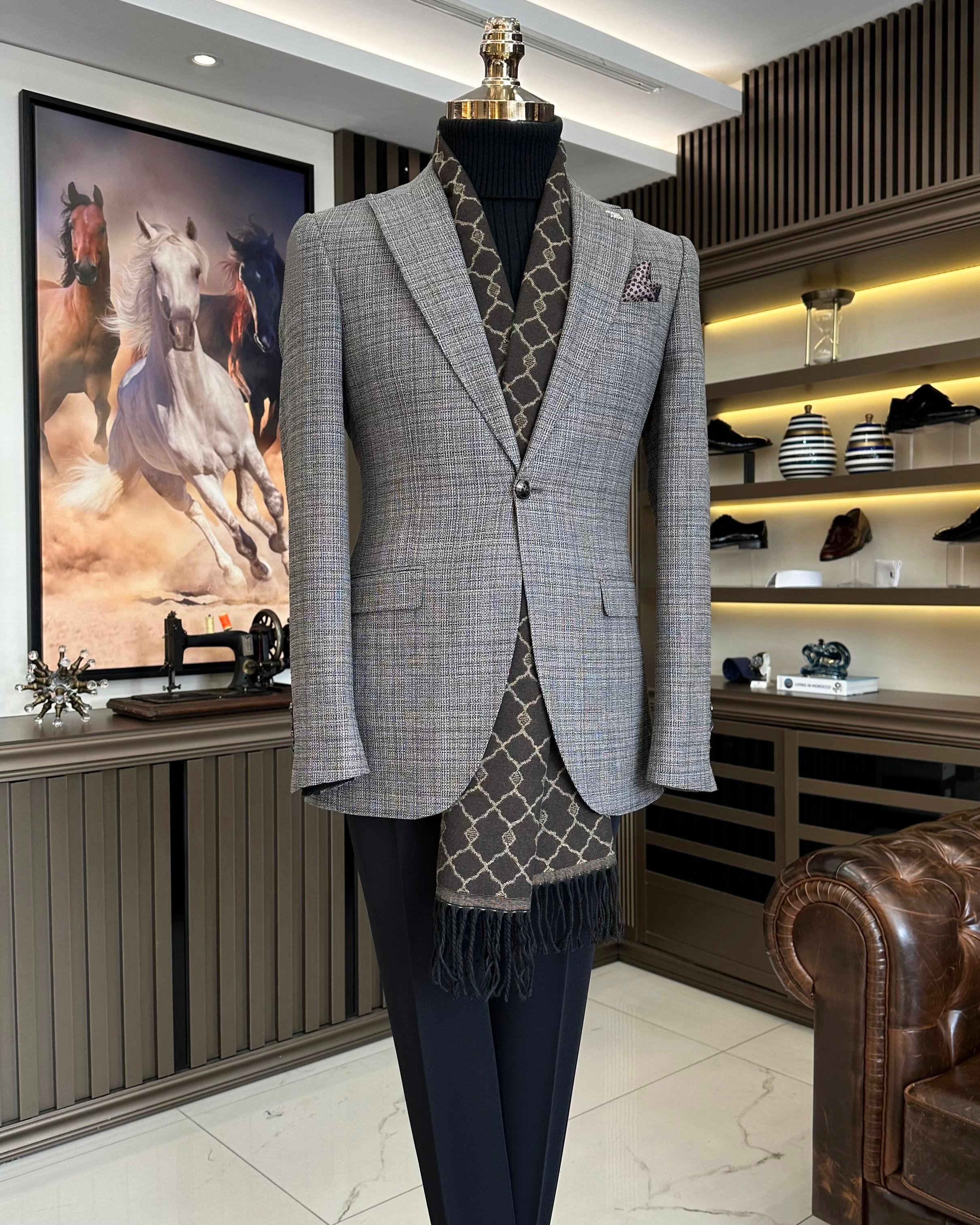  Italian style slim fit pointed collar plaid men's jacket mink T10735