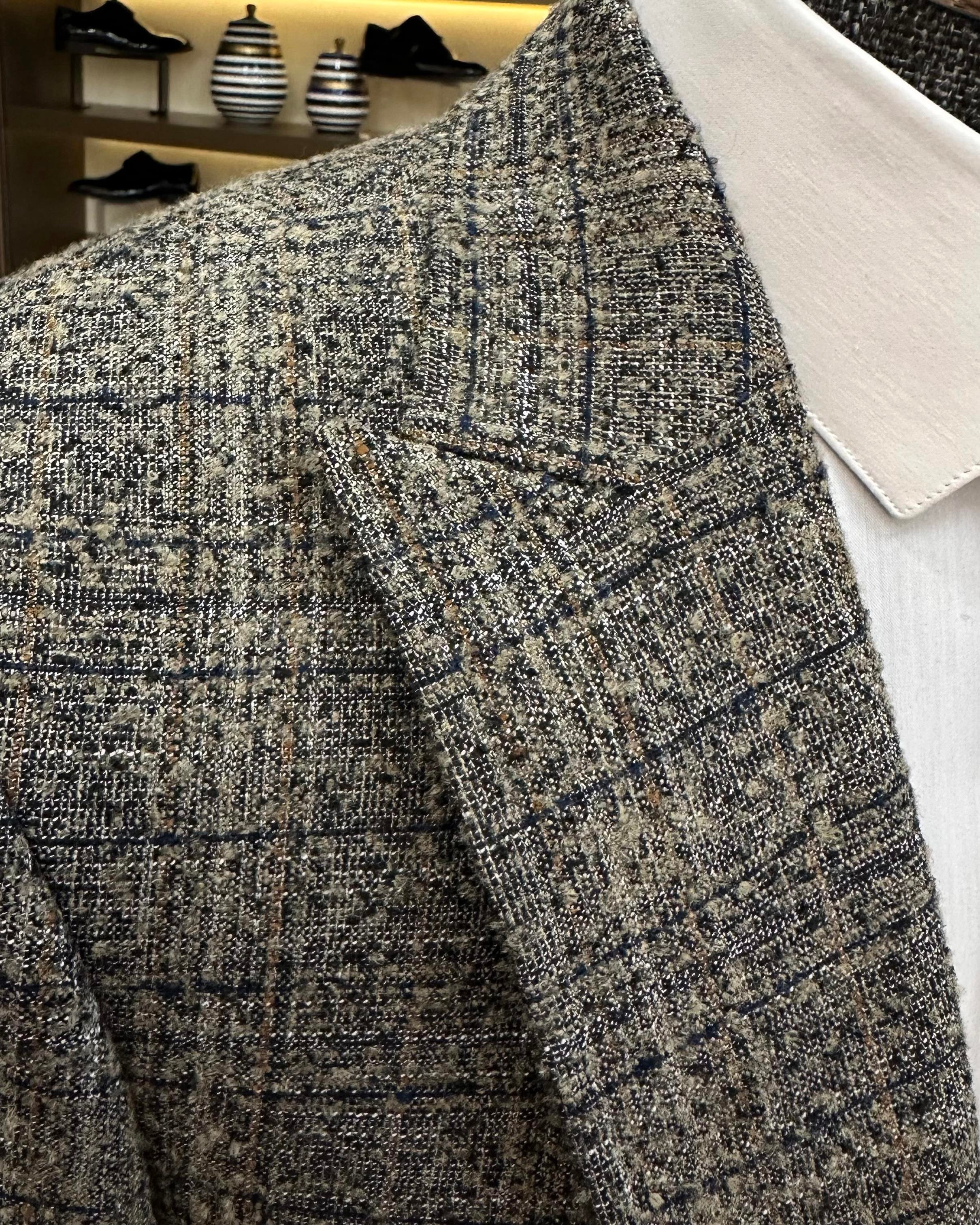 İtalyan stil slim fit sivri yaka ekose erkek vizon T10884