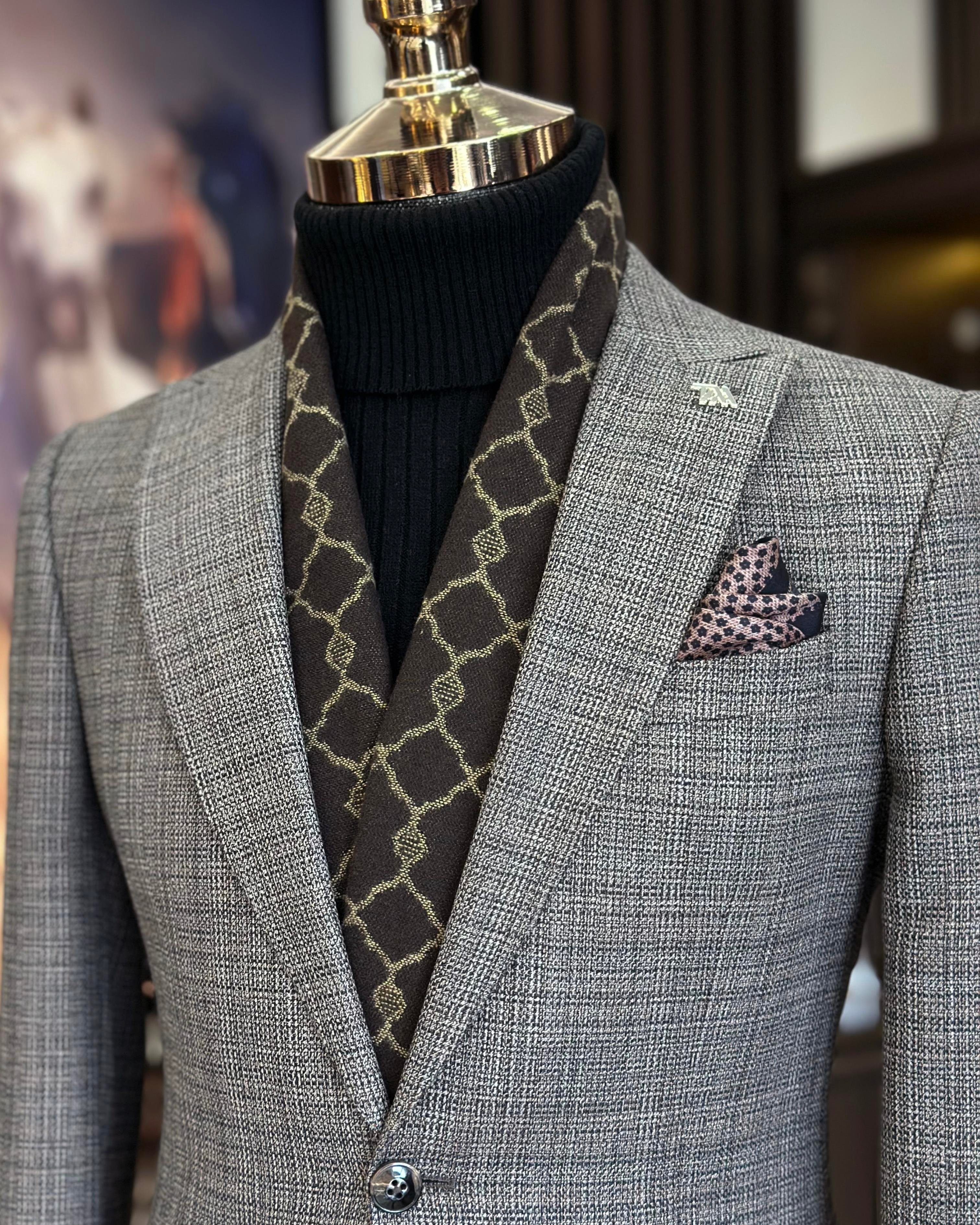  Italian style slim fit pointed collar plaid men's jacket mink T10735