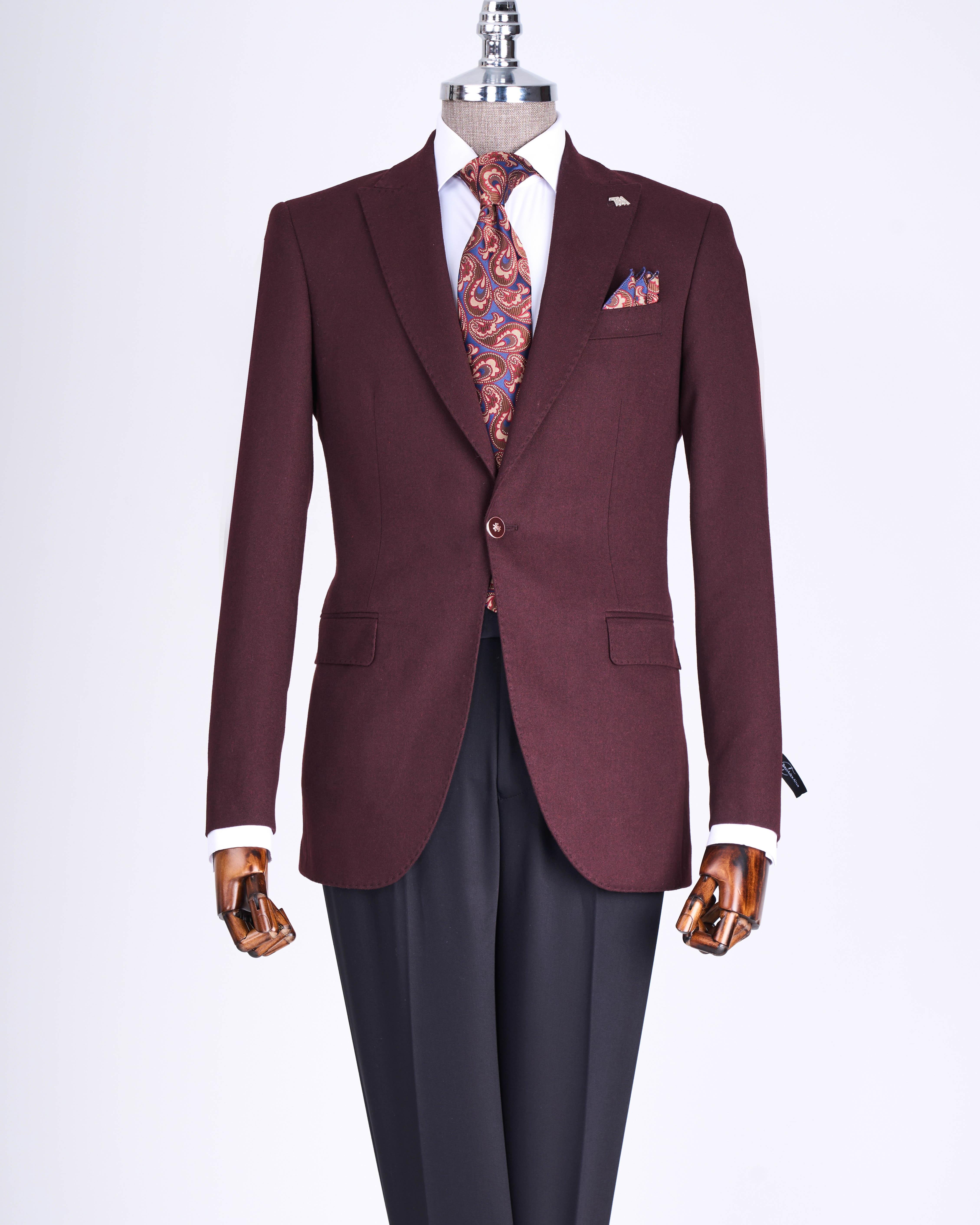İtalyan stil slim fit sivri yaka erkek ceket bordo T13238