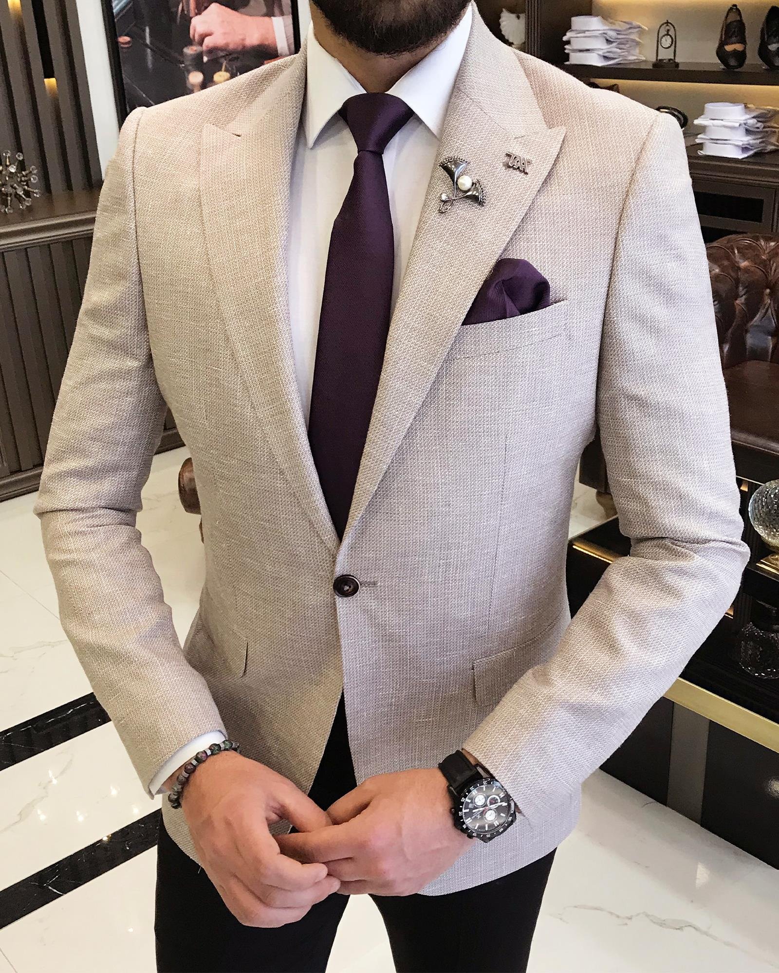 Italian style slim fit pointed collar men's single jacket mink T9207