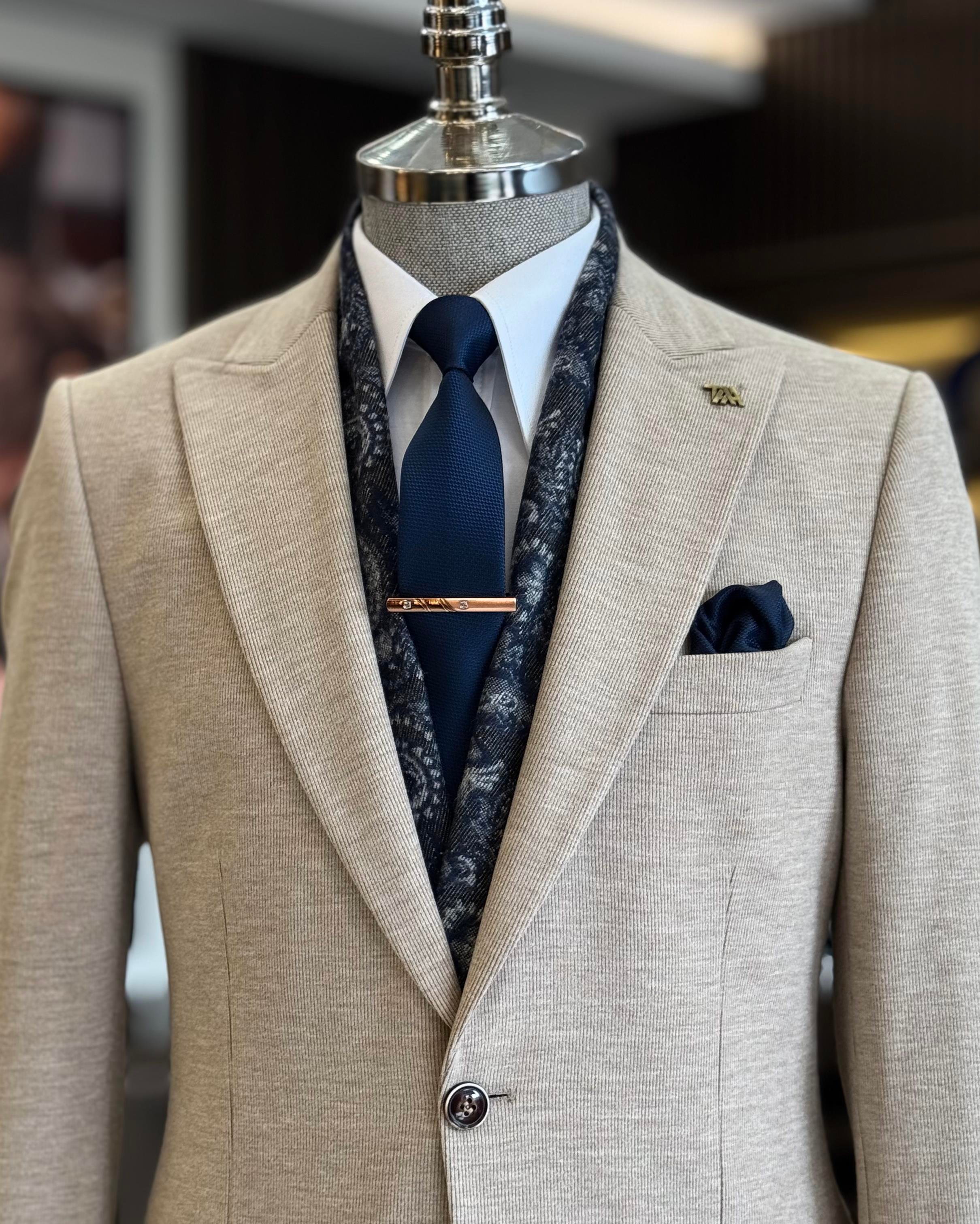 İtalyan stil slim fit sivri yaka erkek ceket vizon T13214