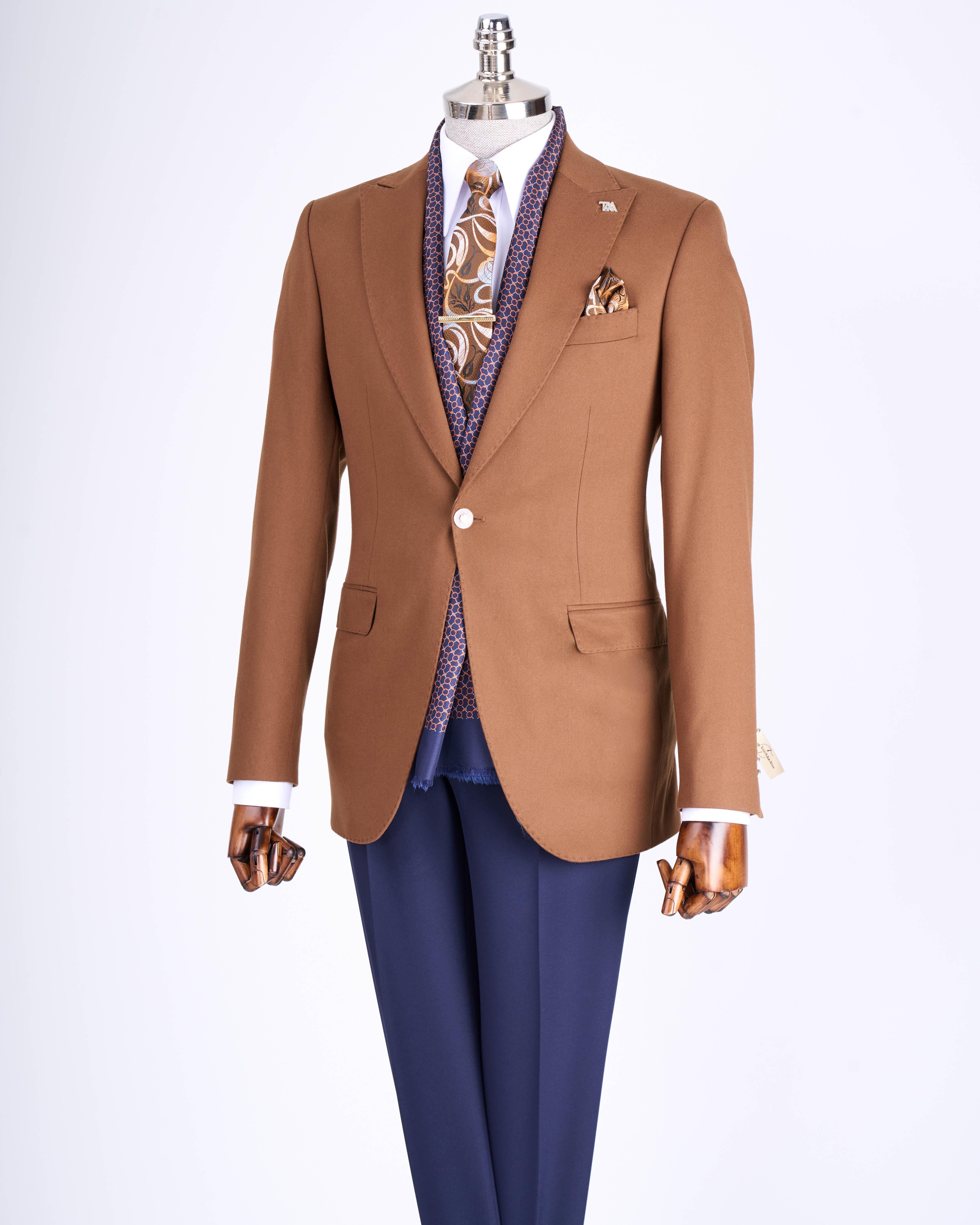 İtalyan stil slim fit sivri yaka erkek ceket camel T13240