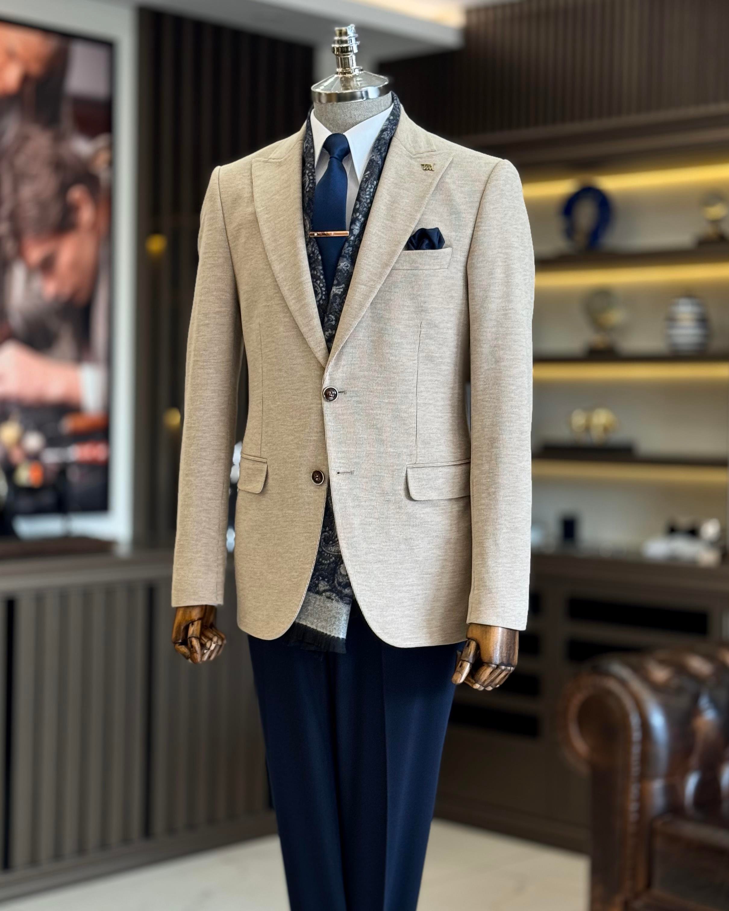 İtalyan stil slim fit sivri yaka erkek ceket vizon T13214