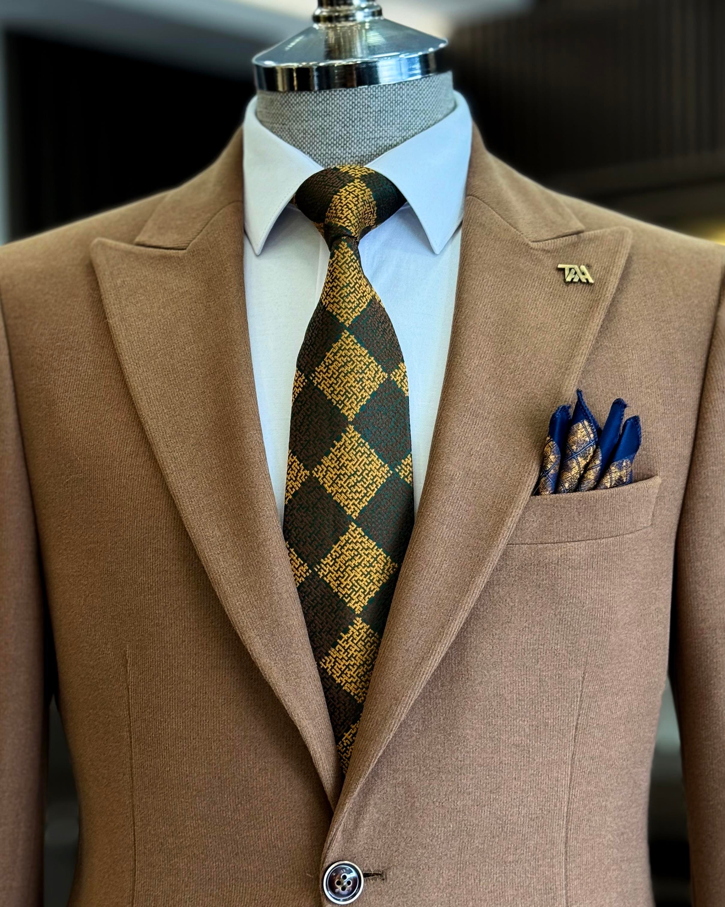 İtalyan stil slim fit sivri yaka erkek ceket camel T13210