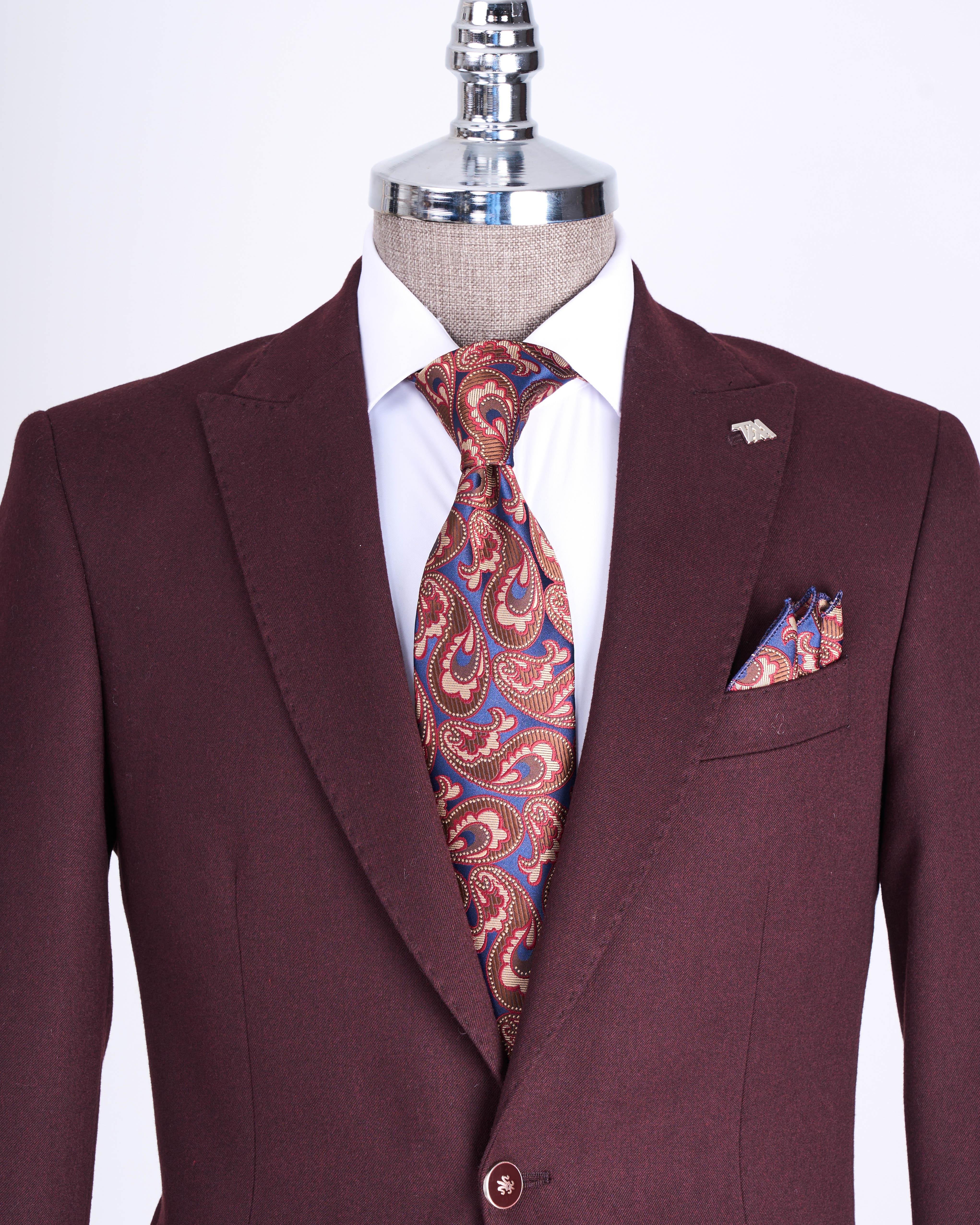 İtalyan stil slim fit sivri yaka erkek ceket bordo T13238