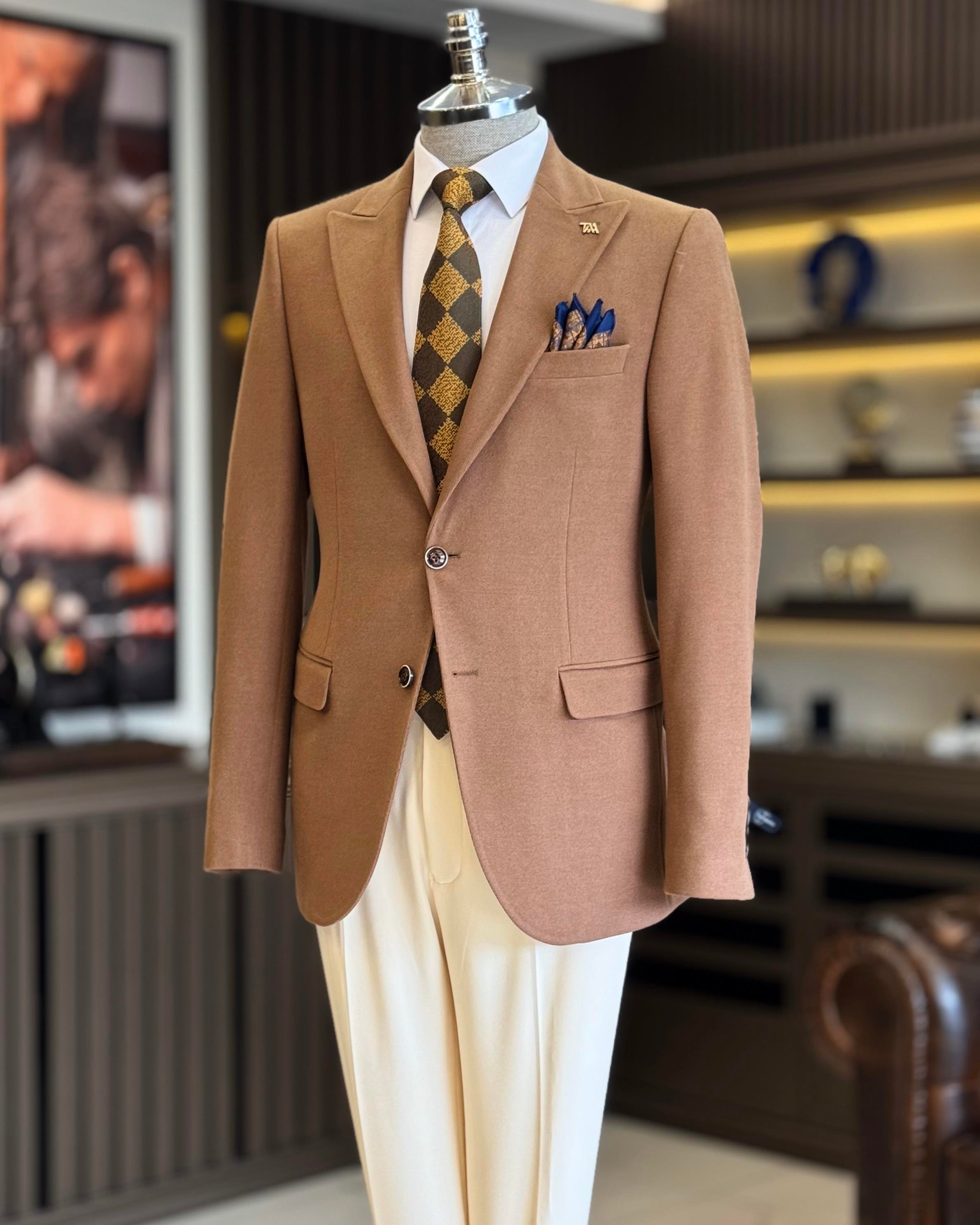 İtalyan stil slim fit sivri yaka erkek ceket camel T13210