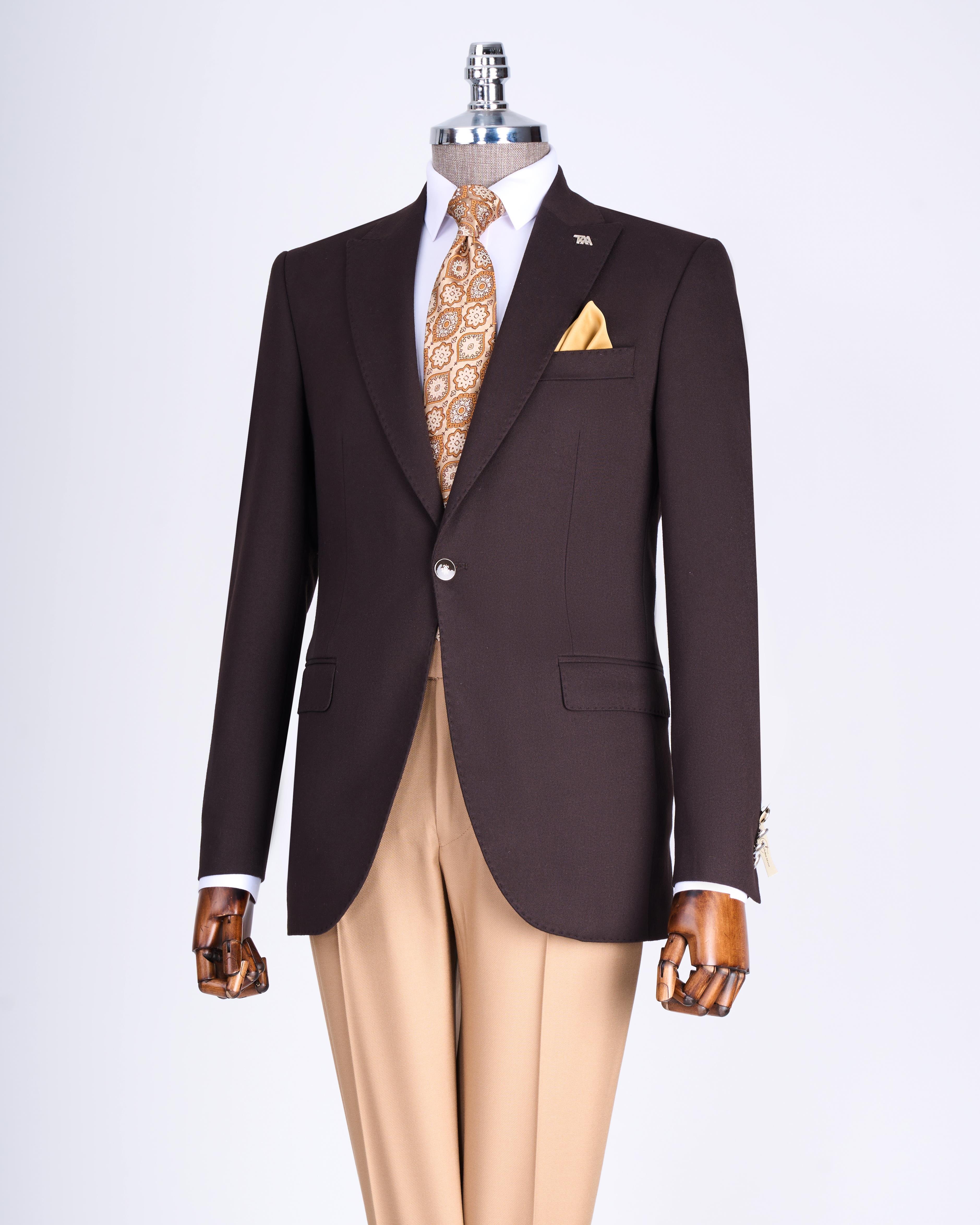 İtalyan stil slim fit sivri yaka erkek ceket kahverengi T13237