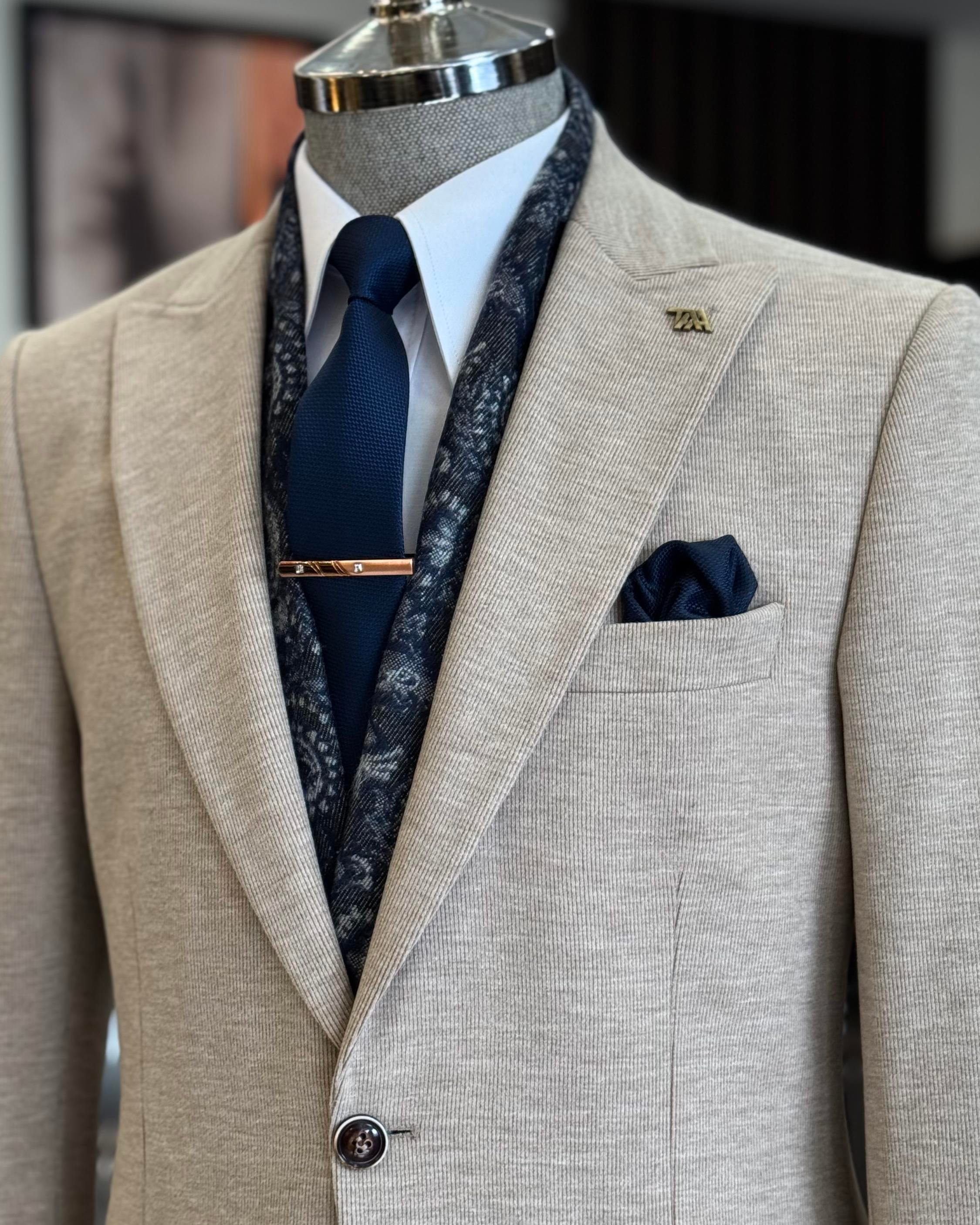 İtalyan stil slim fit sivri yaka erkek ceket vizon T13214