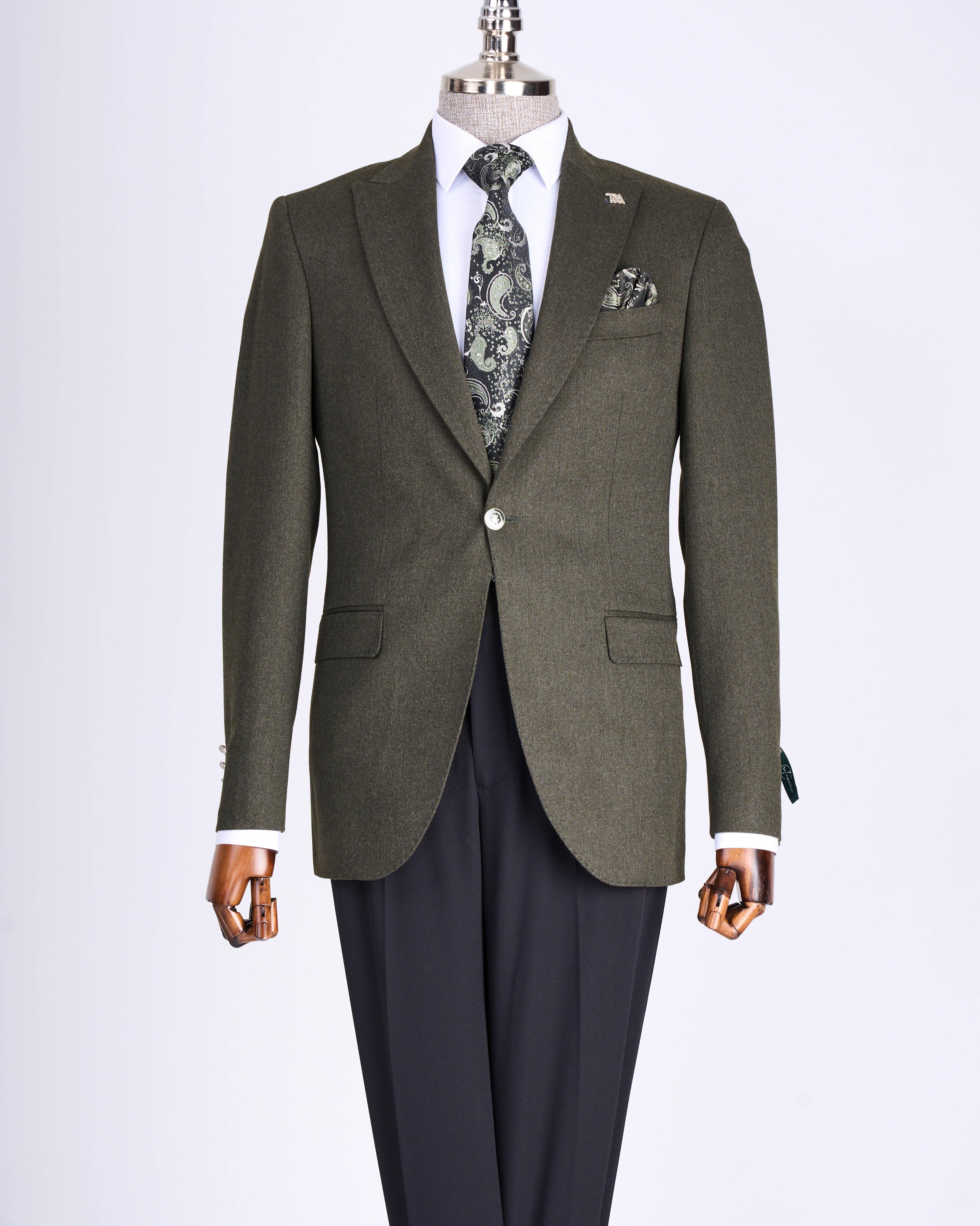 İtalyan stil slim fit sivri yaka erkek ceket yeşil T13239