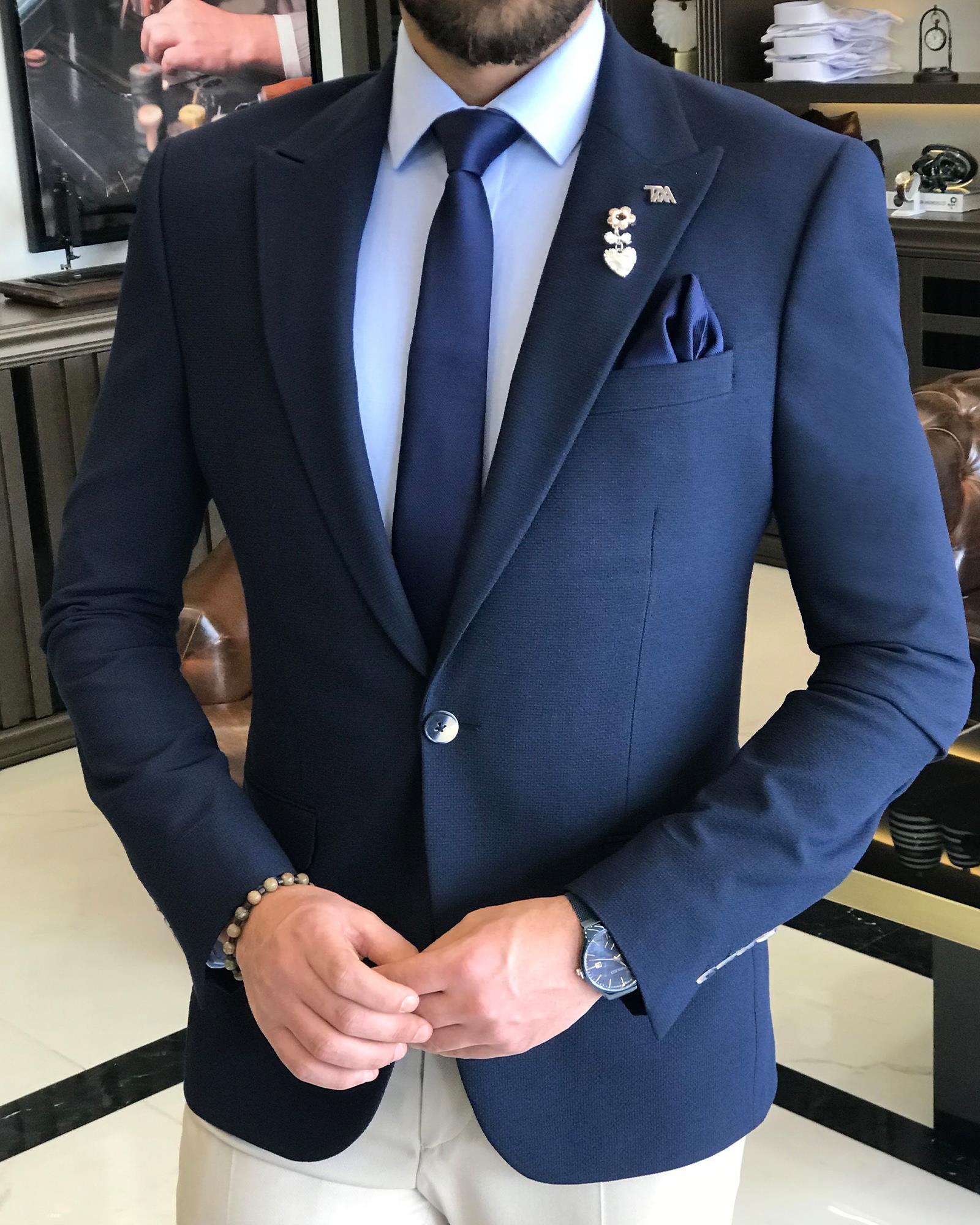 Italian style slim fit pointed collar men's single jacket navy blue T9198