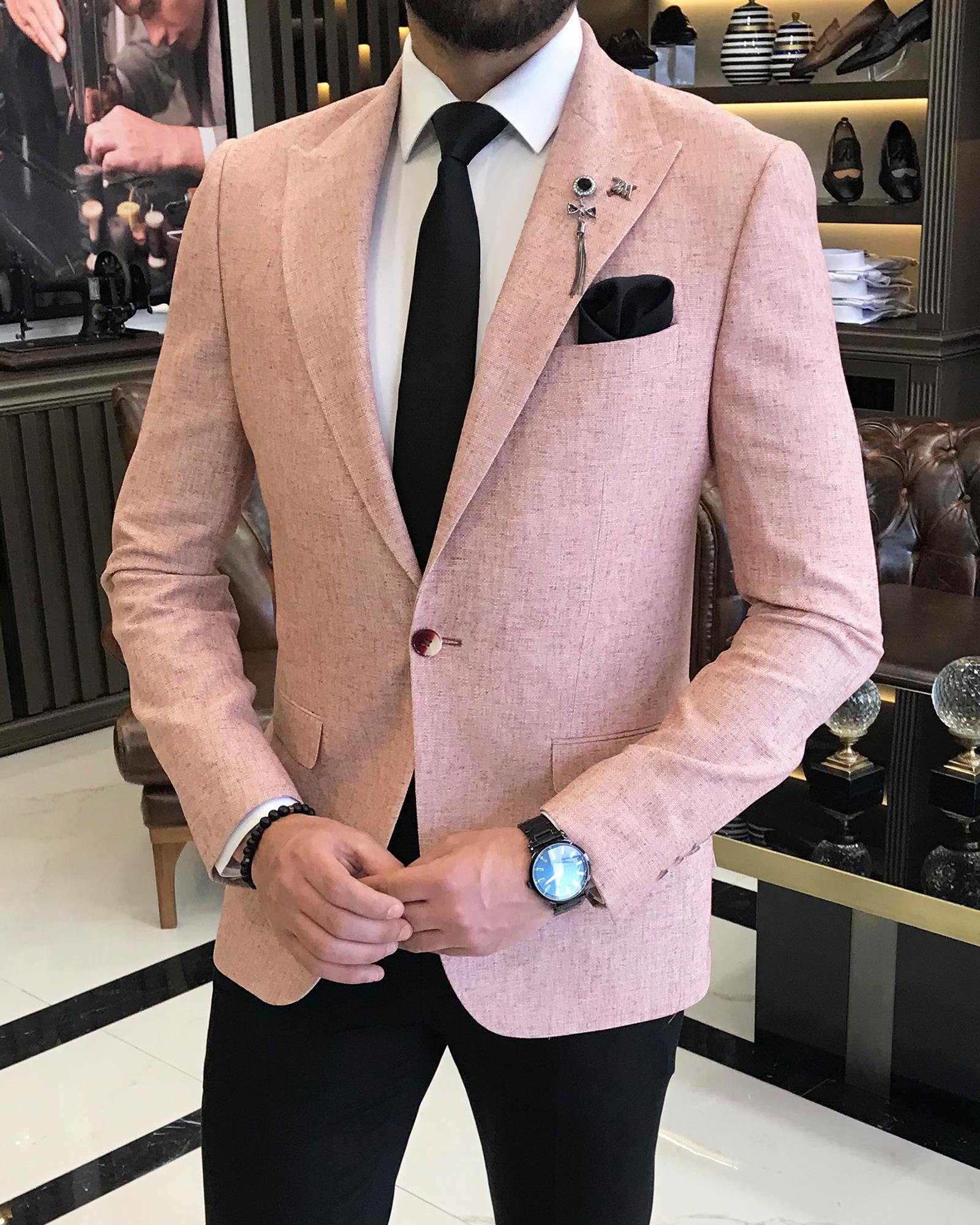 Italian style slim fit pointed collar men's single jacket burgundy T9197
