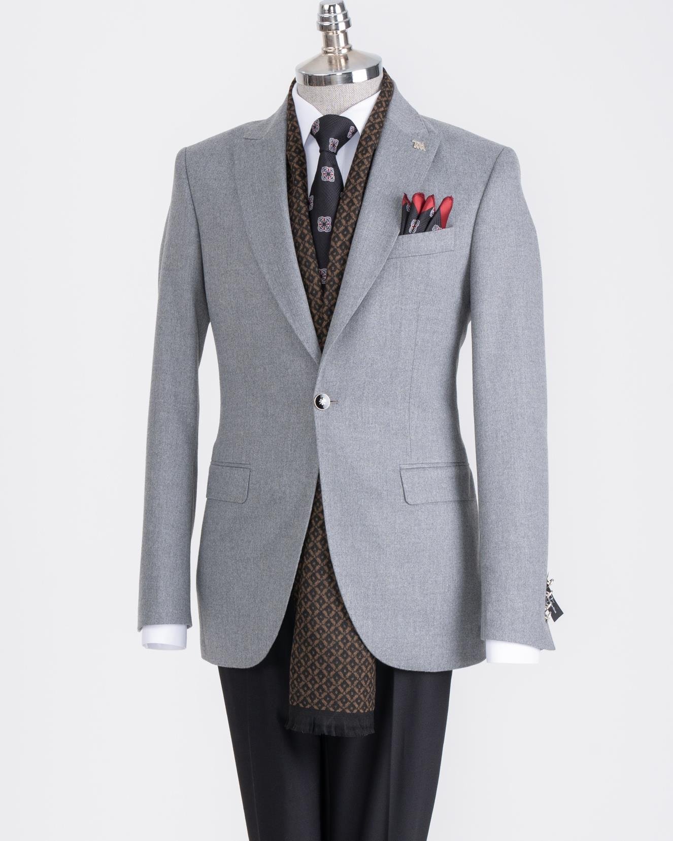 İtalyan stil slim fit sivri yaka erkek ceket gri T13241