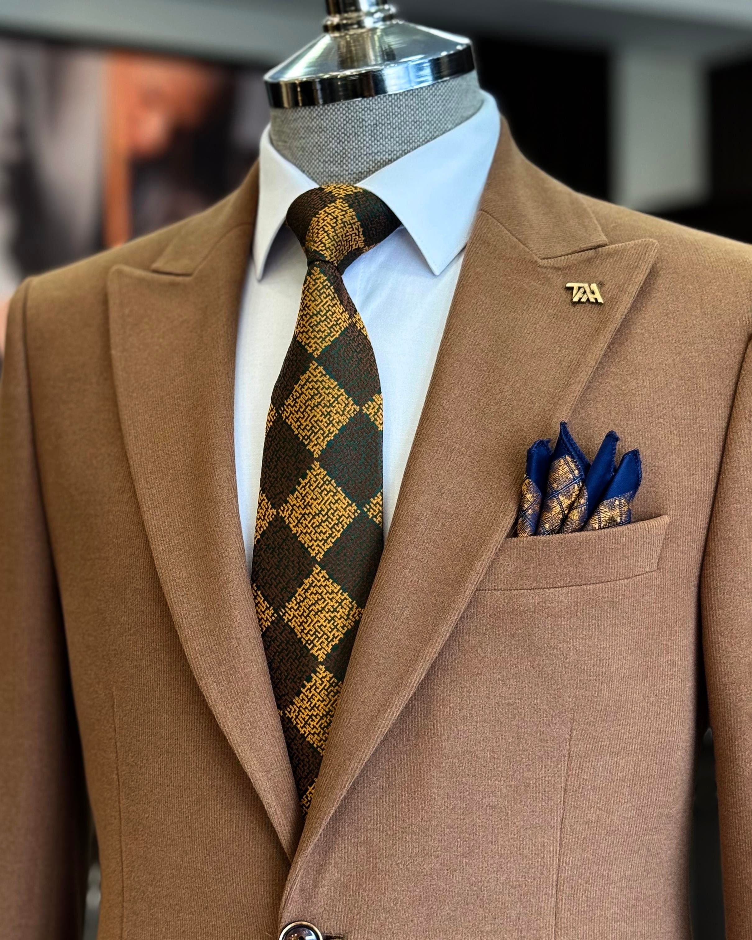 İtalyan stil slim fit sivri yaka erkek ceket camel T13210