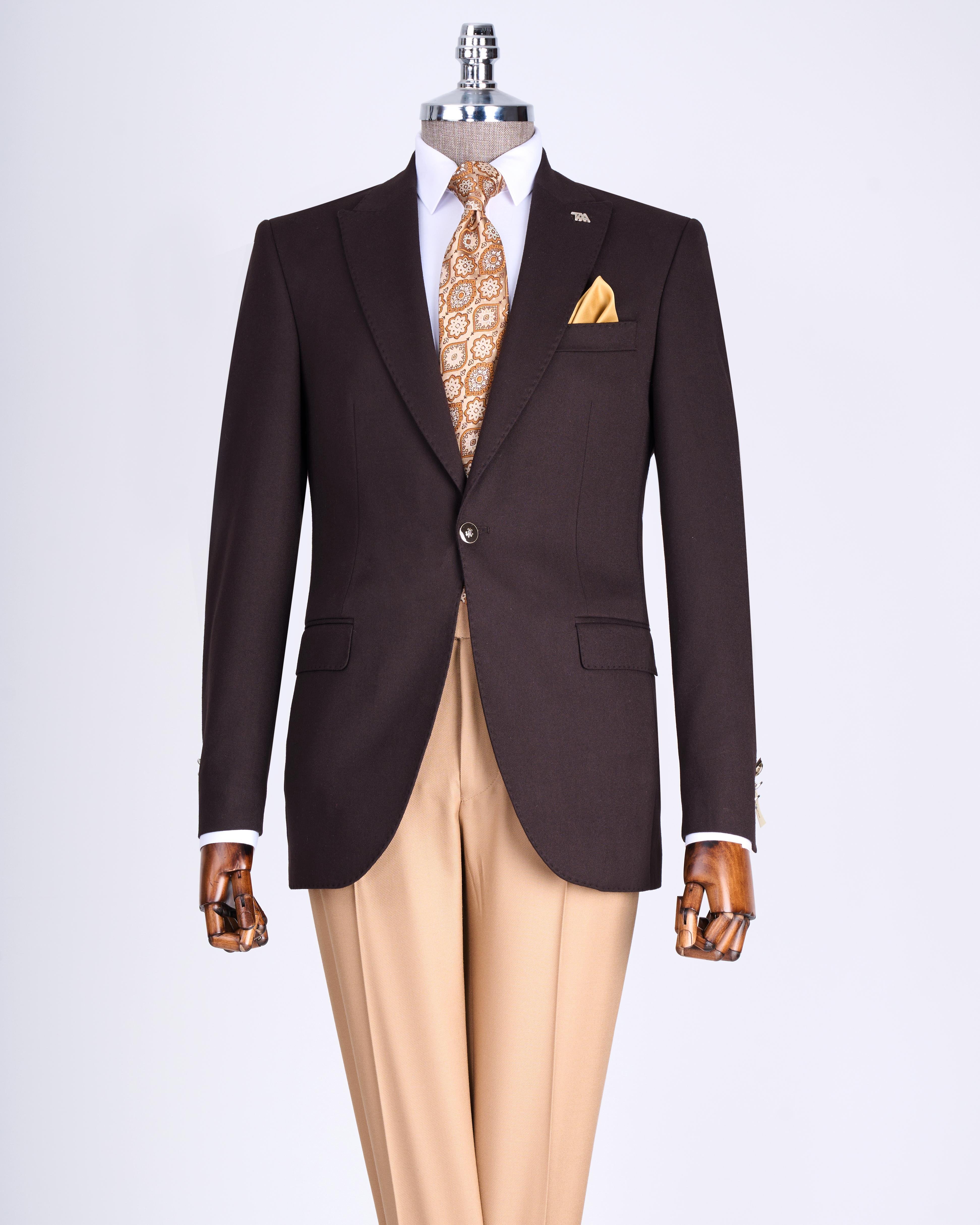 İtalyan stil slim fit sivri yaka erkek ceket kahverengi T13237