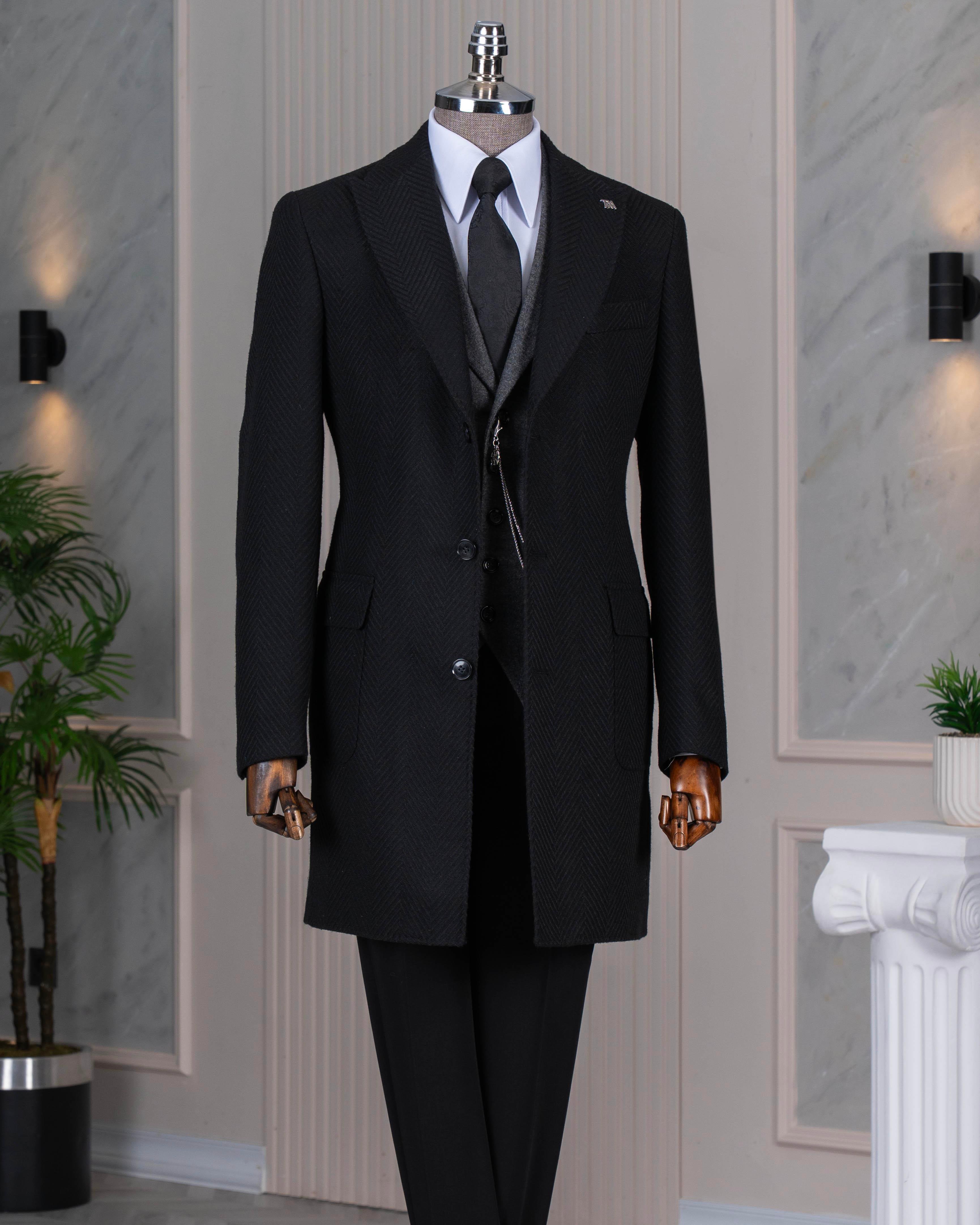 İtalyan stil slim fit sivri yaka kaşe erkek kaban siyah T14957