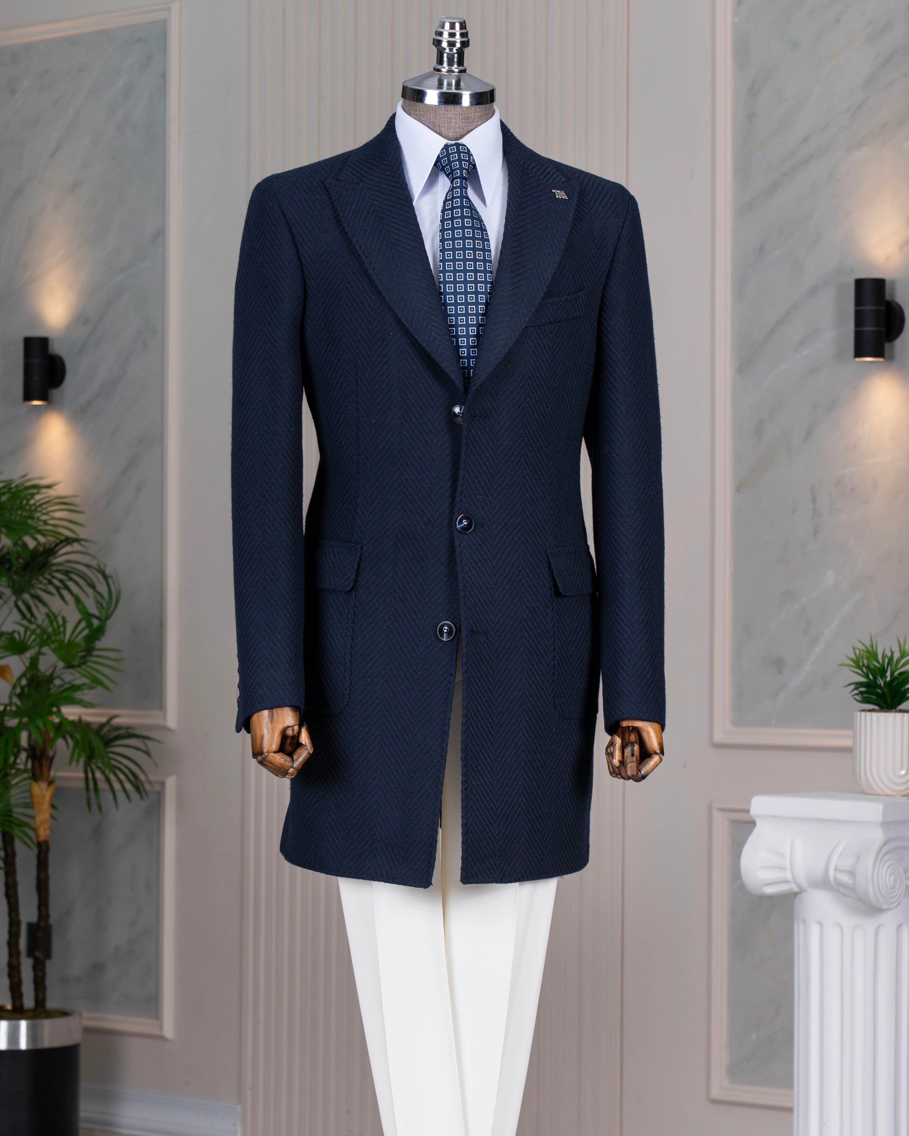 İtalyan stil slim fit sivri yaka kaşe erkek kaban lacivert T14958