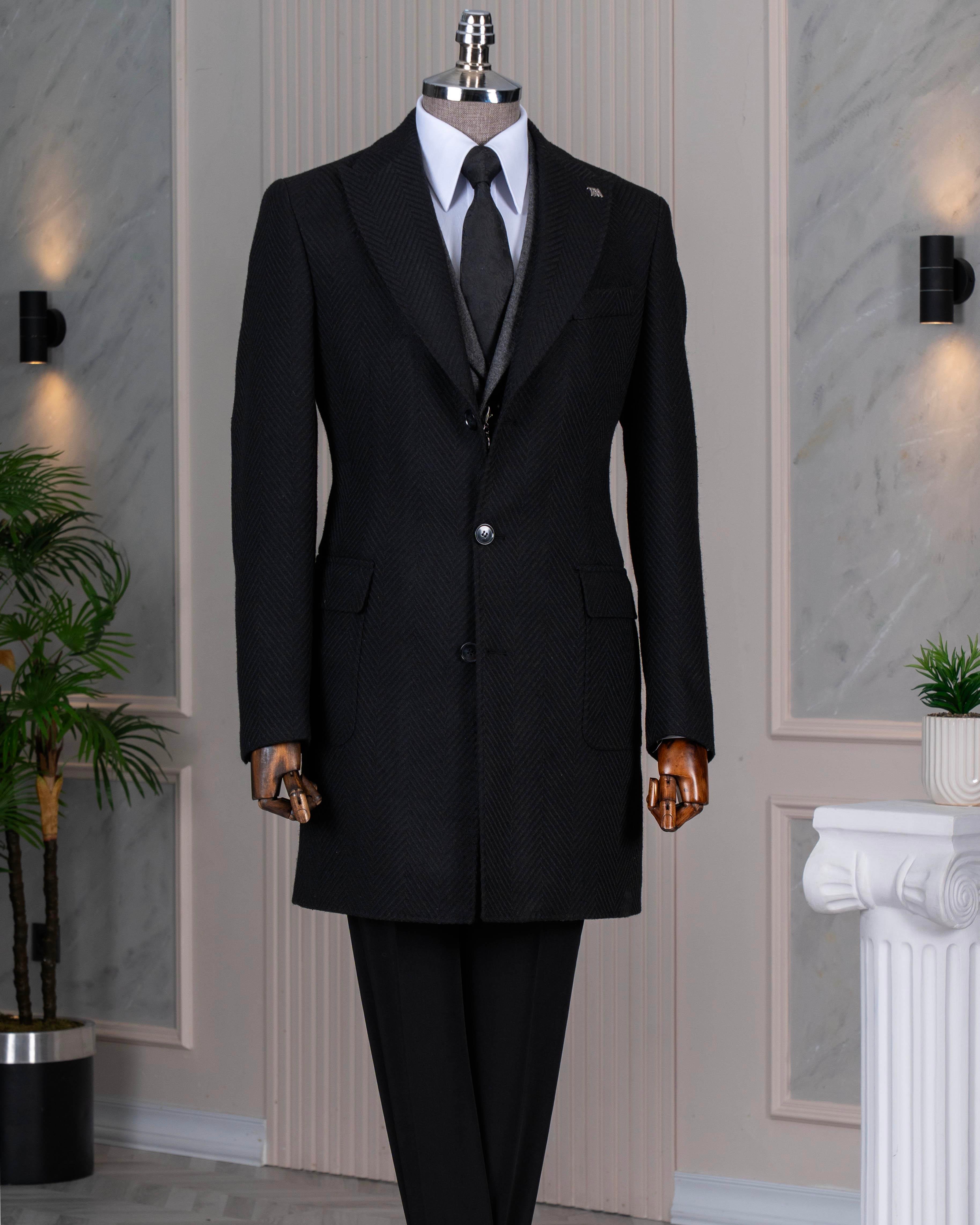 İtalyan stil slim fit sivri yaka kaşe erkek kaban siyah T14957