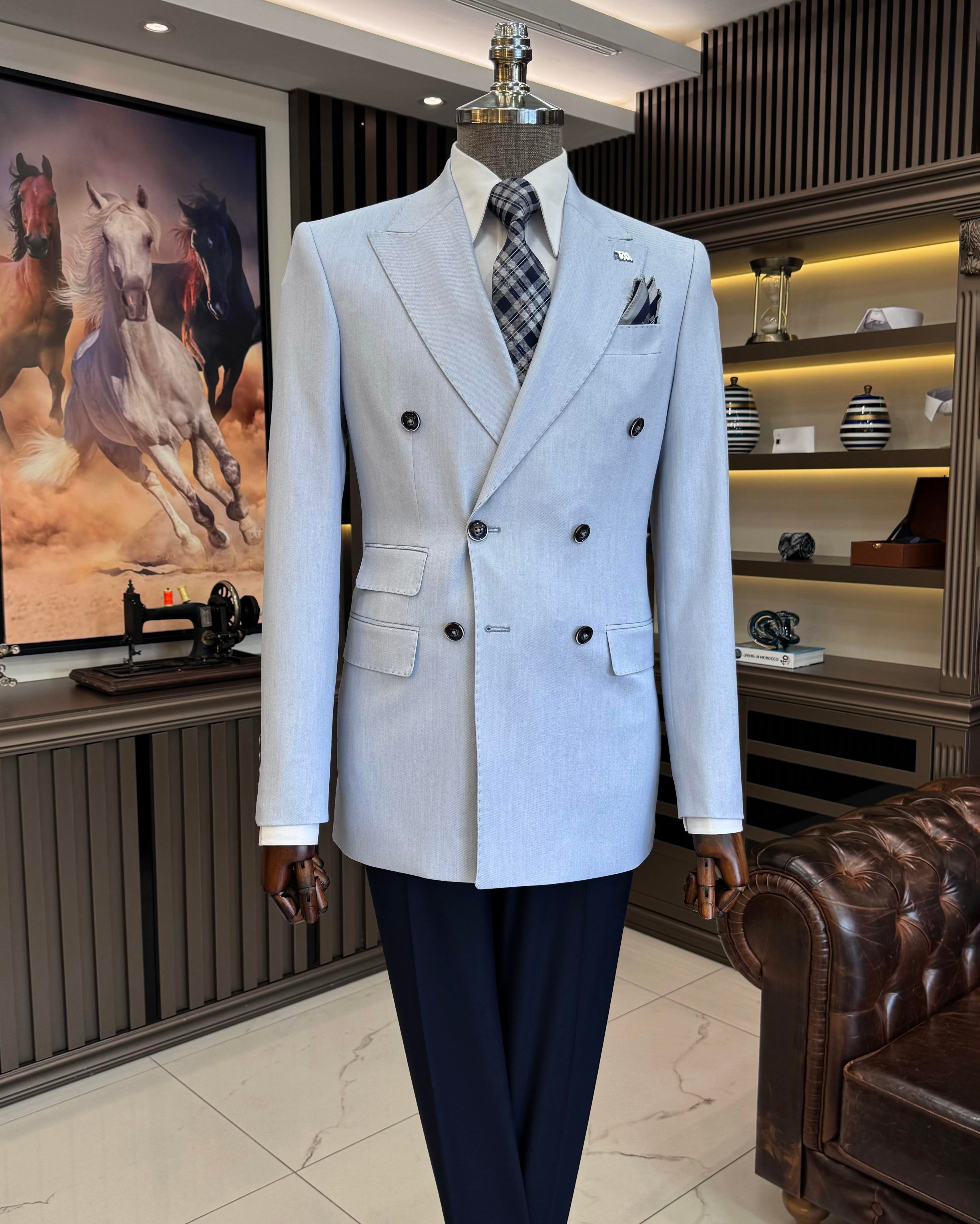 İtalyan stil slim fit sivri yaka kruvaze erkek ceket mavi T11516