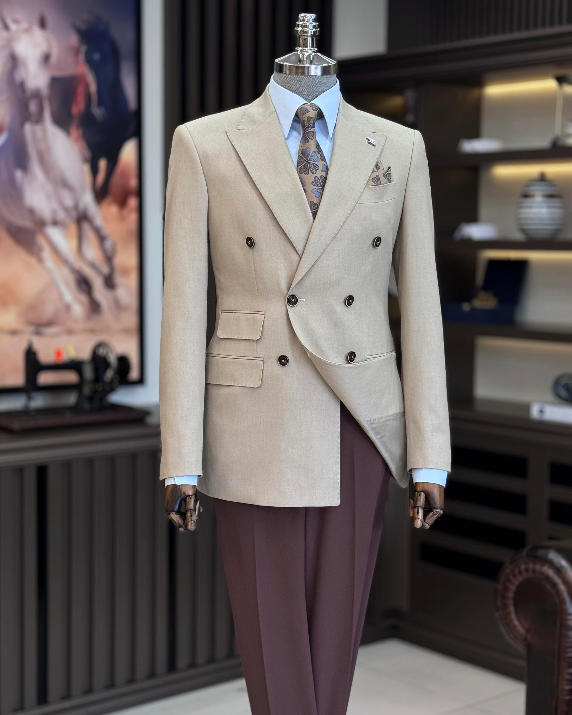 İtalyan stil slim fit sivri yaka kruvaze erkek ceket bej T11518