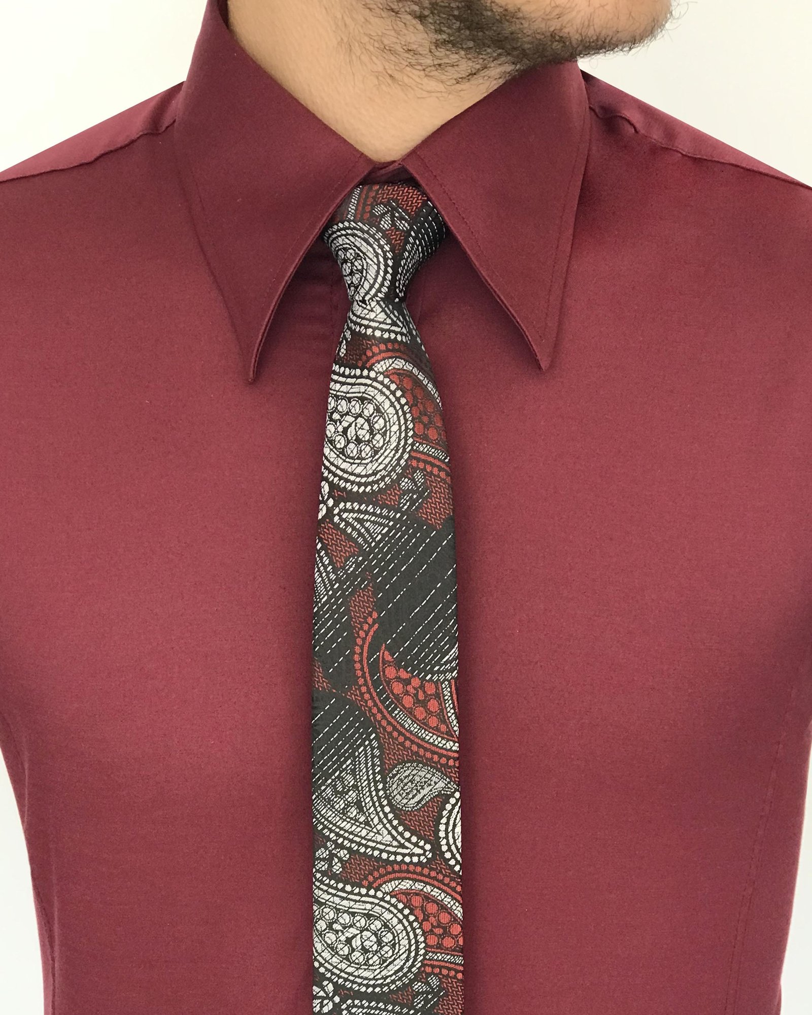 italyan stil slim fit sivri yaka saten erkek gömlek Bordo T7212