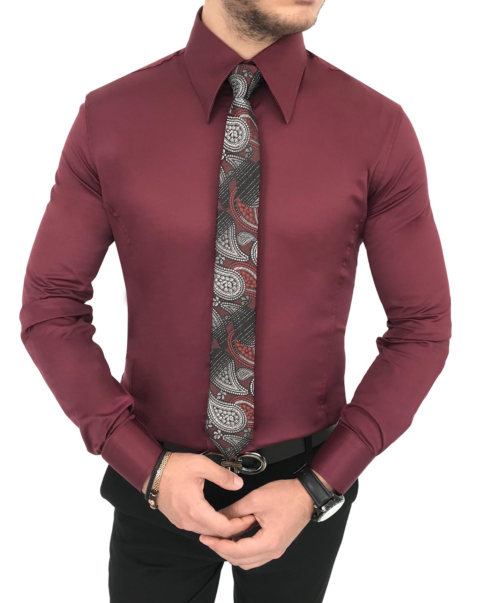 italyan stil slim fit sivri yaka saten erkek gömlek Bordo T7212