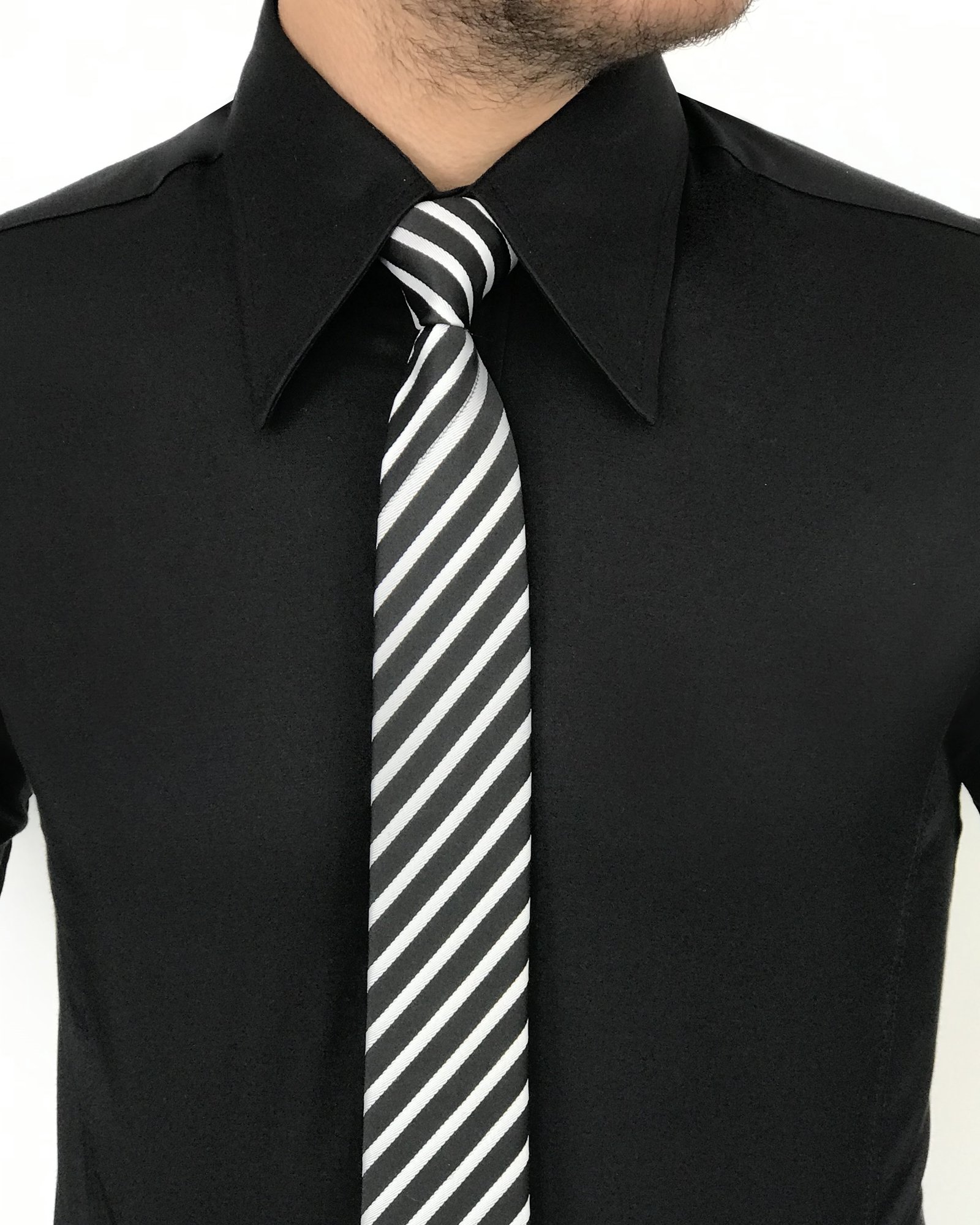 italyan stil slim fit sivri yaka saten erkek gömlek Siyah T7207