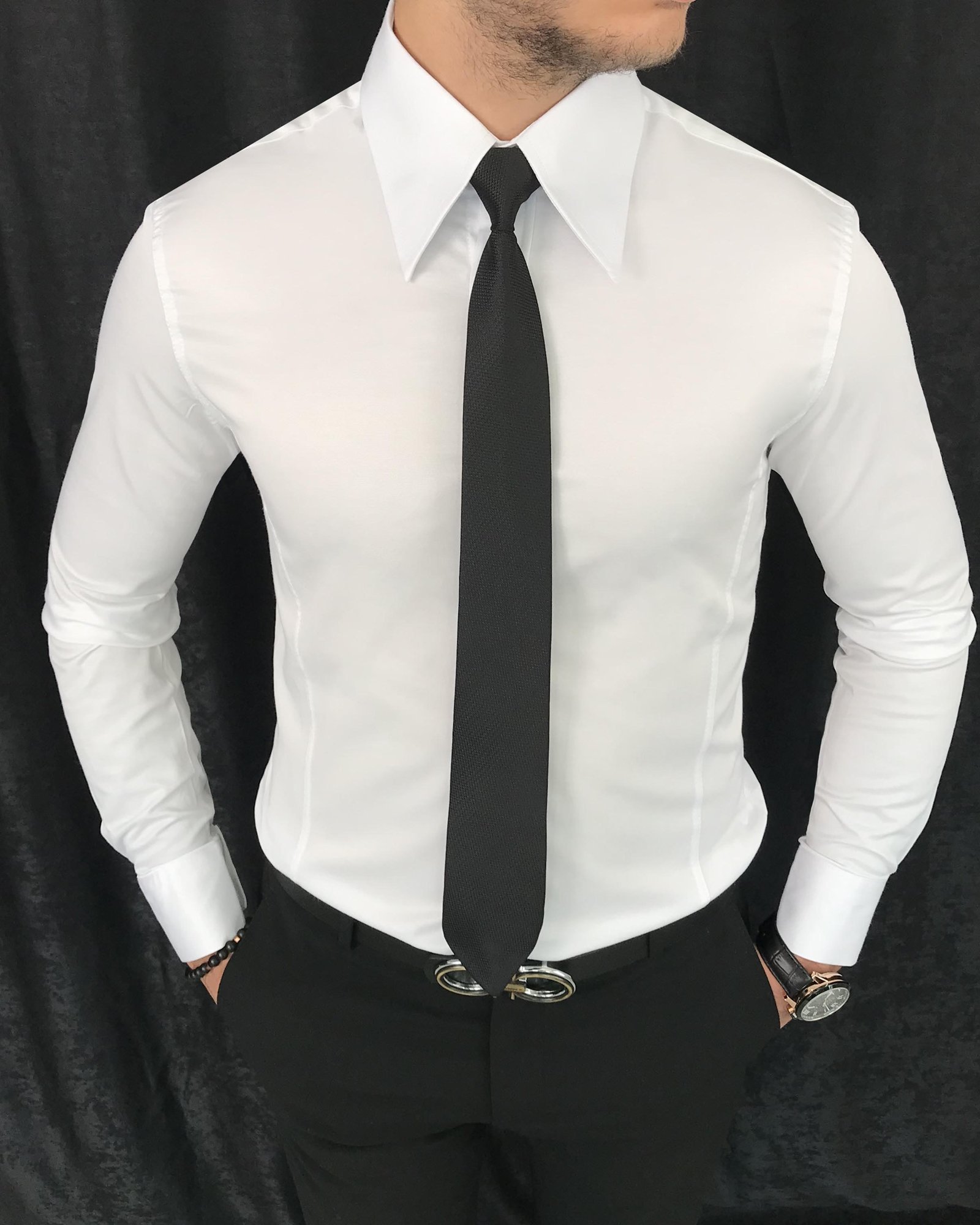 italyan stil slim fit sivri yaka saten erkek gömlek Beyaz T7214