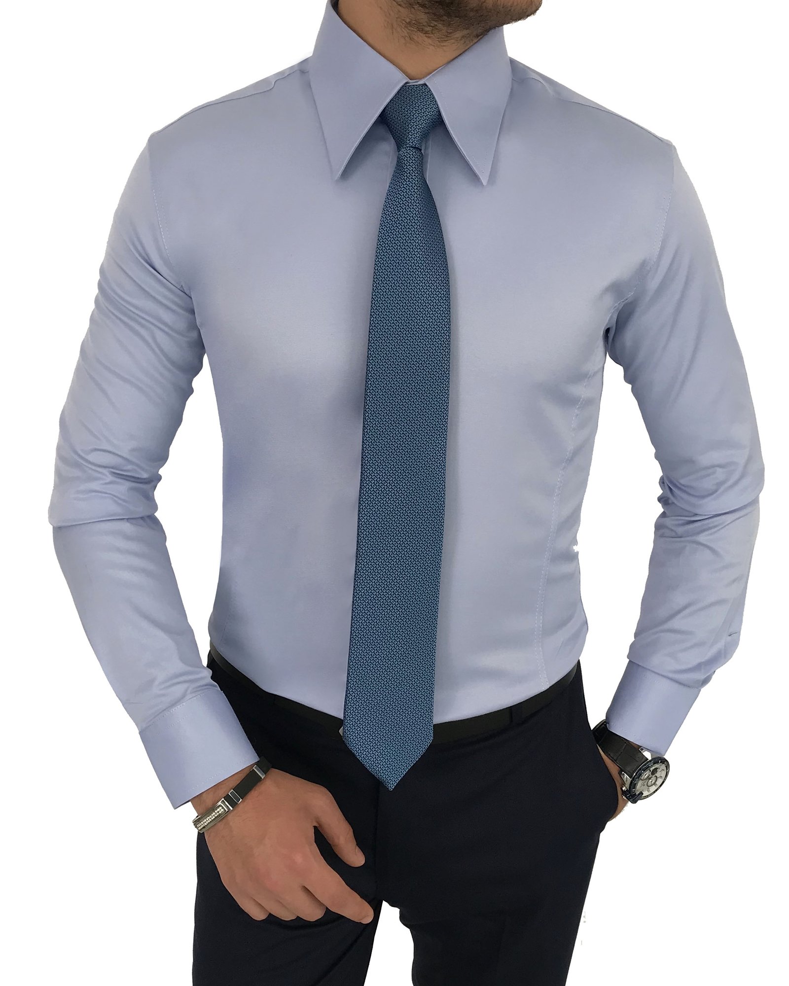 italyan stil slim fit sivri yaka saten erkek gömlek Mavi T7215