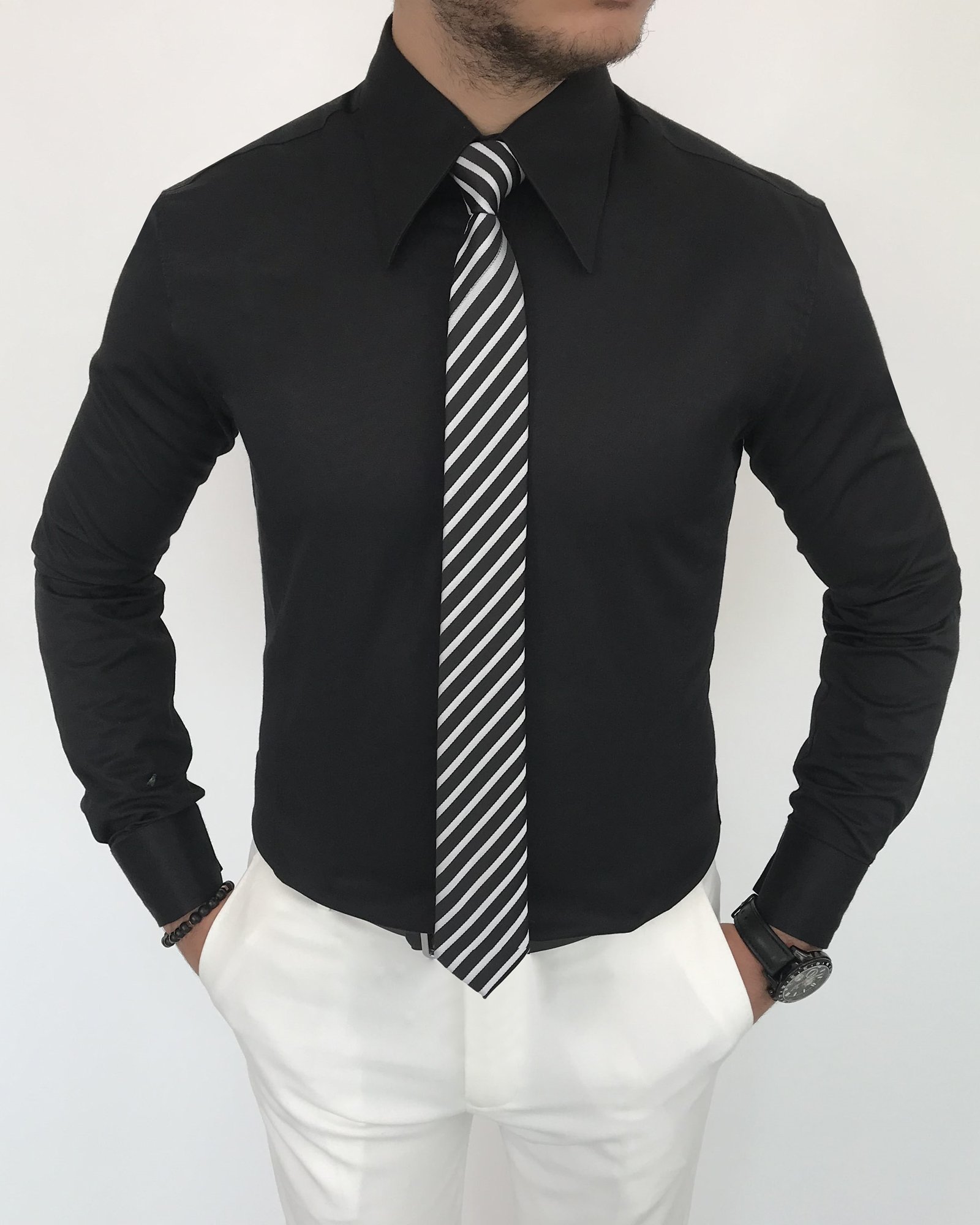 italyan stil slim fit sivri yaka saten erkek gömlek Siyah T7207