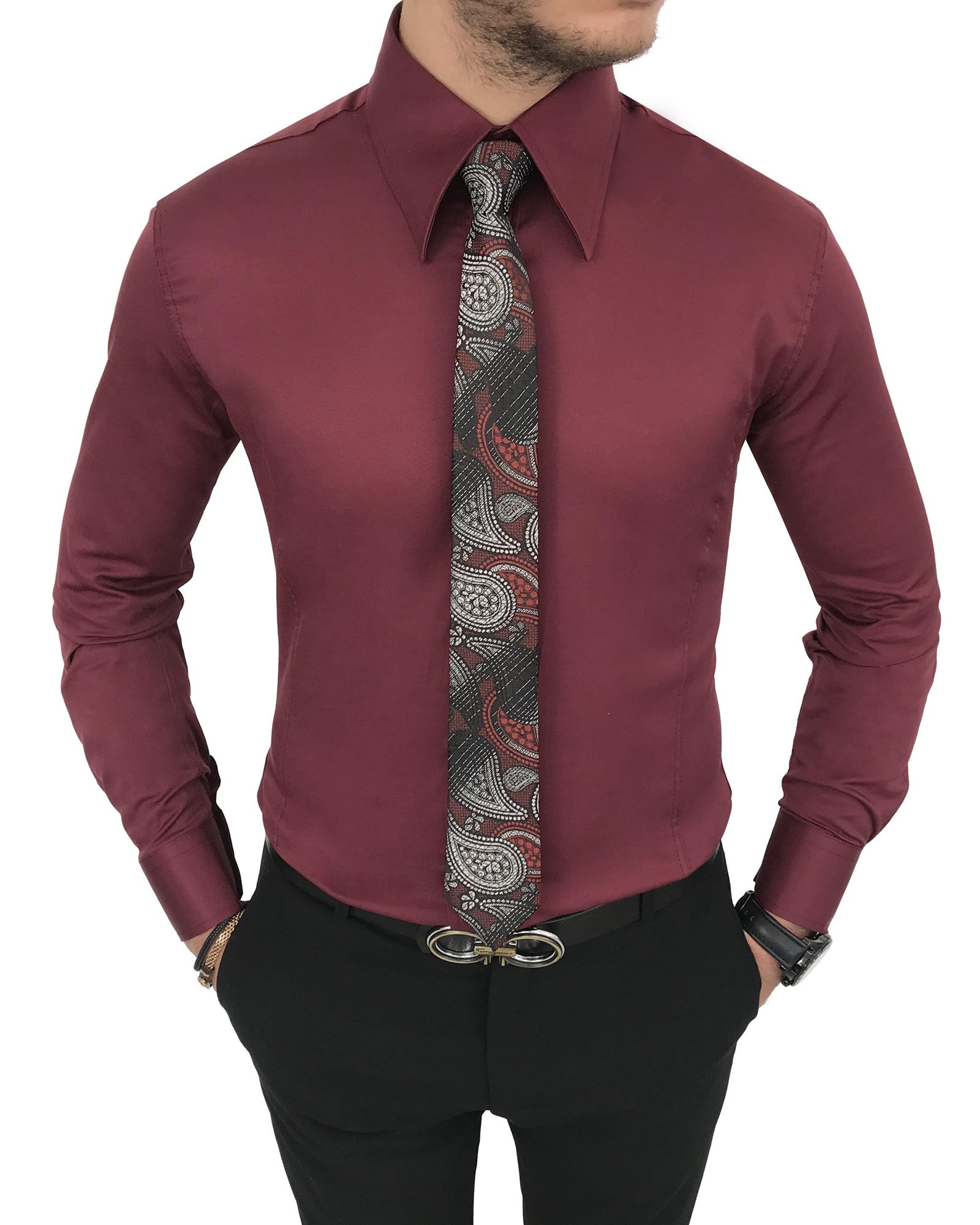 italyan stil slim fit sivri yaka saten erkek gömlek Bordo T7212