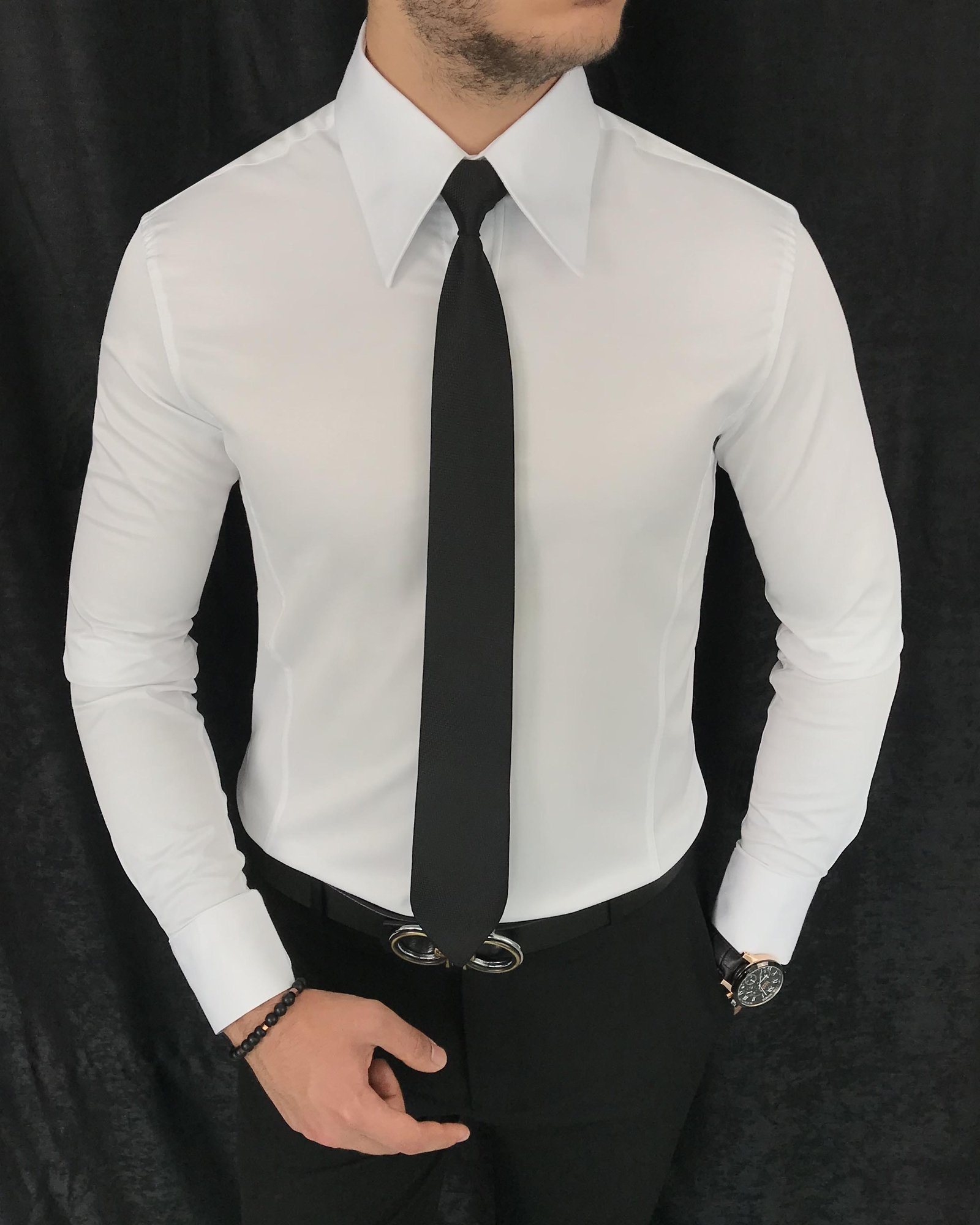 italyan stil slim fit sivri yaka saten erkek gömlek Beyaz T7214