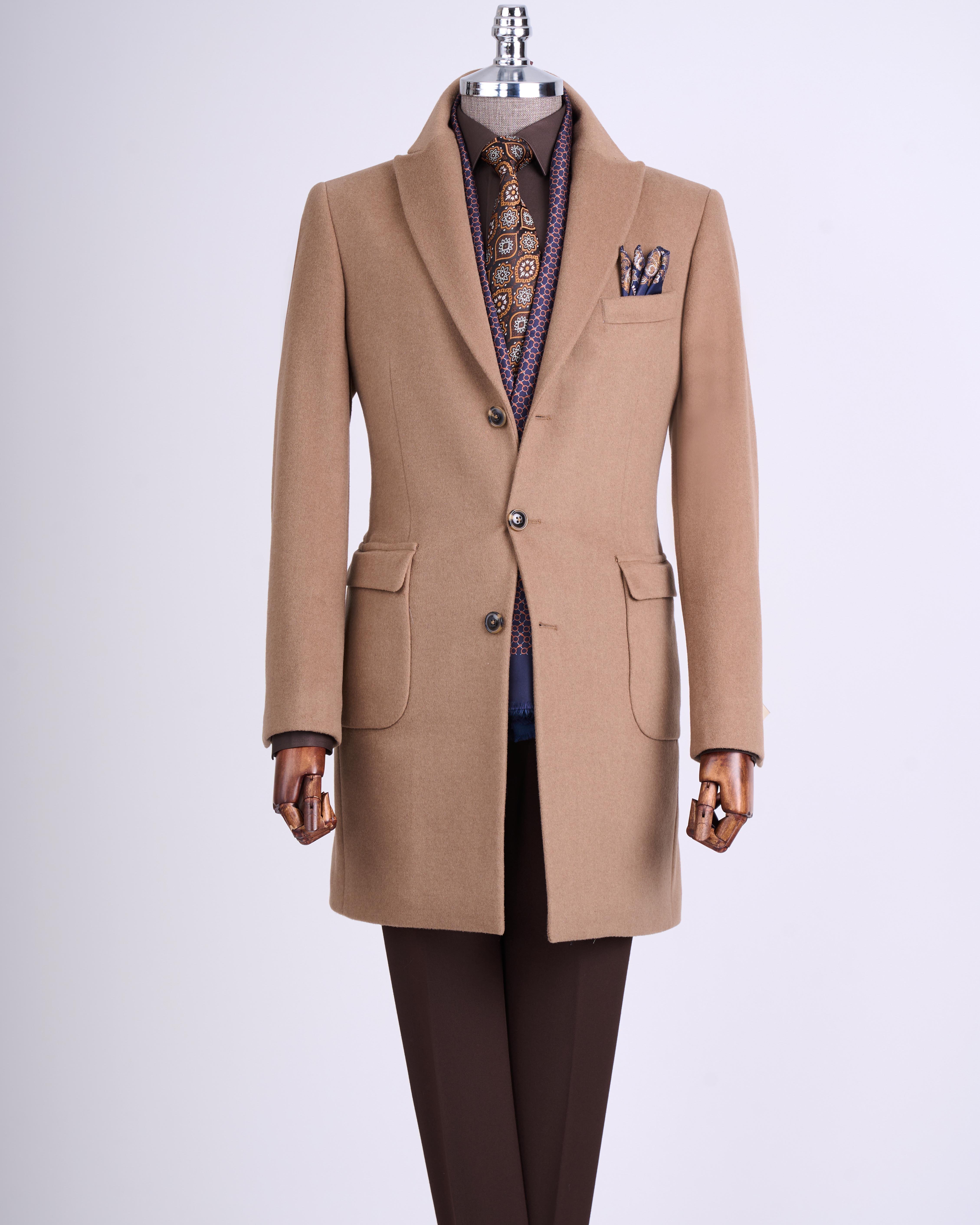 İtalyan stil slim fit sivri yaka yün karışımlı kaşe erkek kaban camel T13447