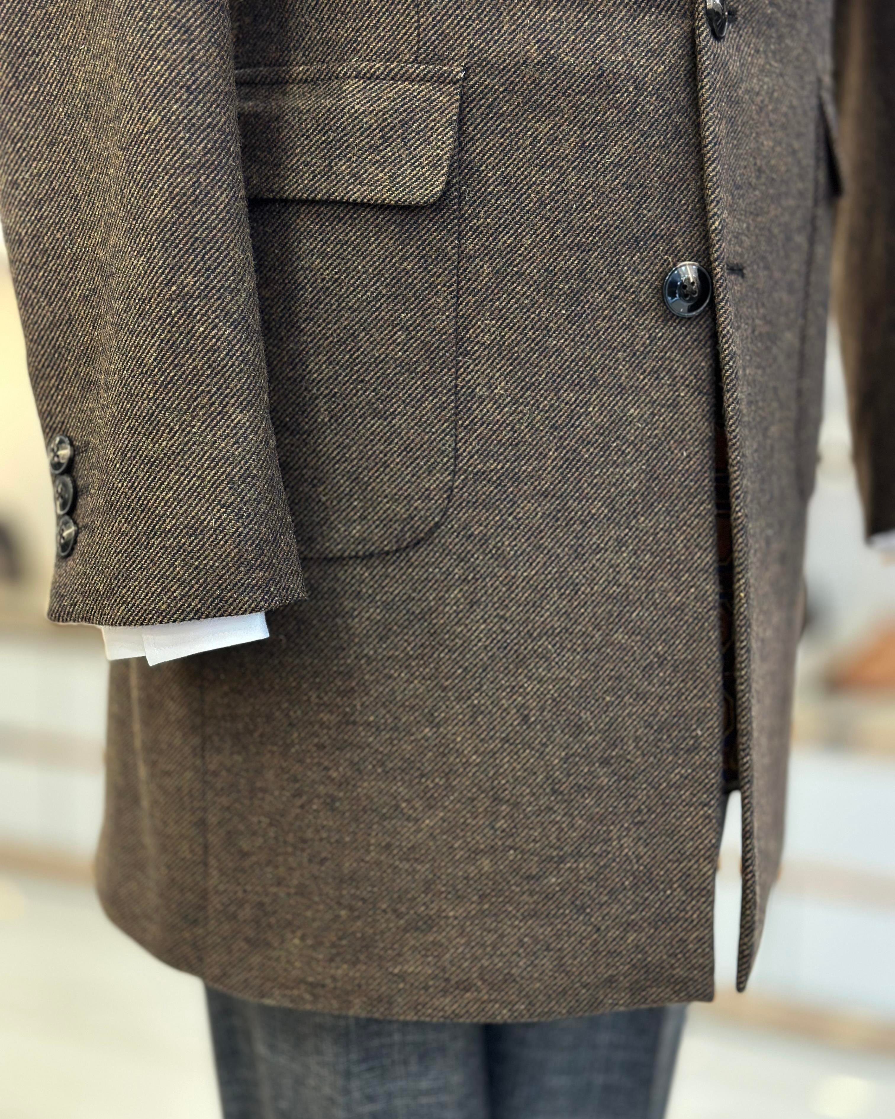 İtalyan stil slim fit sivri yaka yün karışımlı kaşe erkek kaban camel T11384