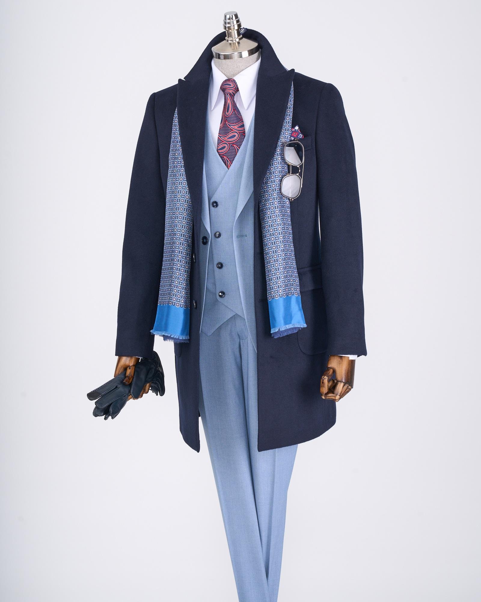 İtalyan stil slim fit sivri yaka yün karışımlı kaşe erkek kaban lacivert T13364