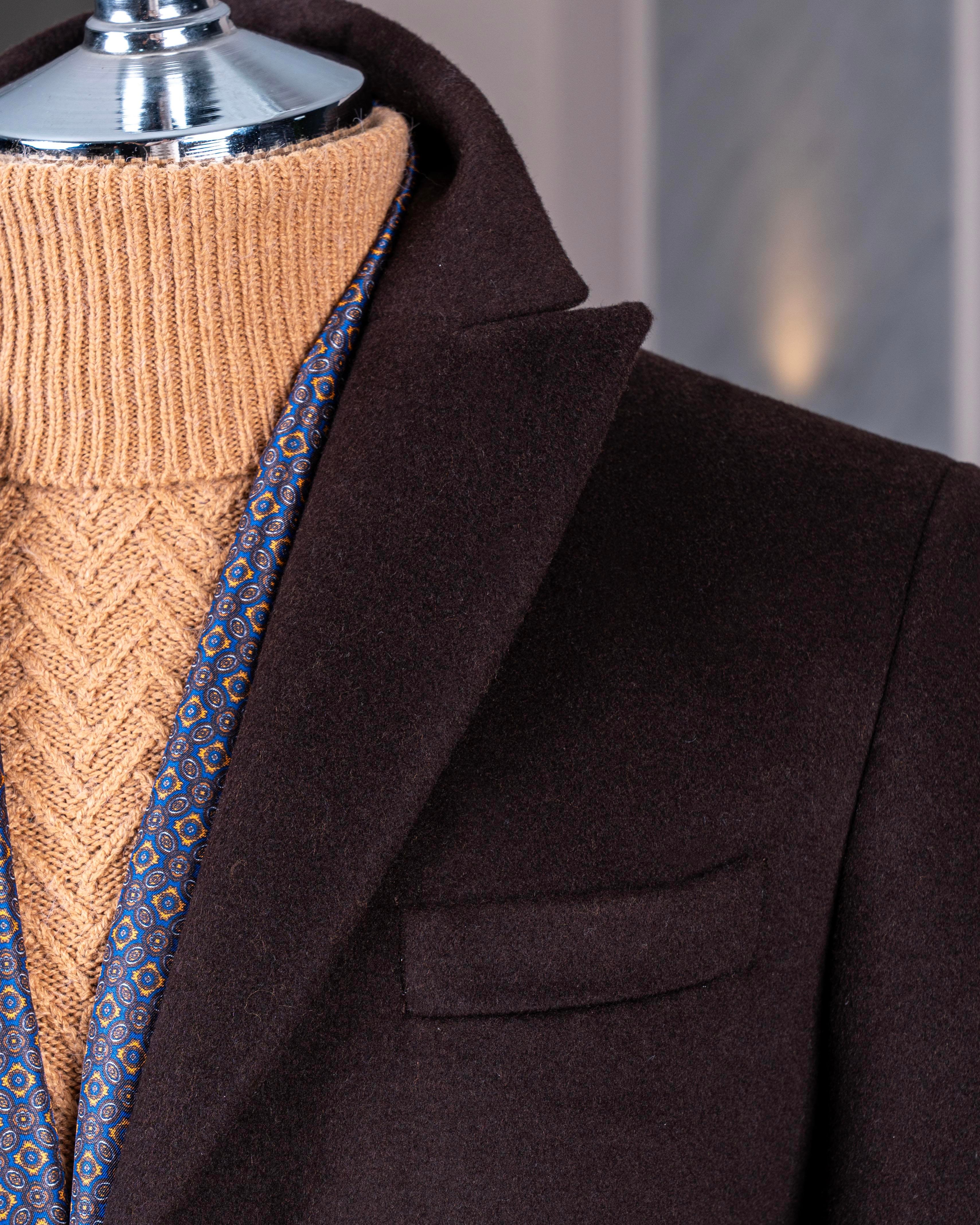 İtalyan stil slim fit sivri yaka yün karışımlı kaşe erkek kaban kahverengi T13445