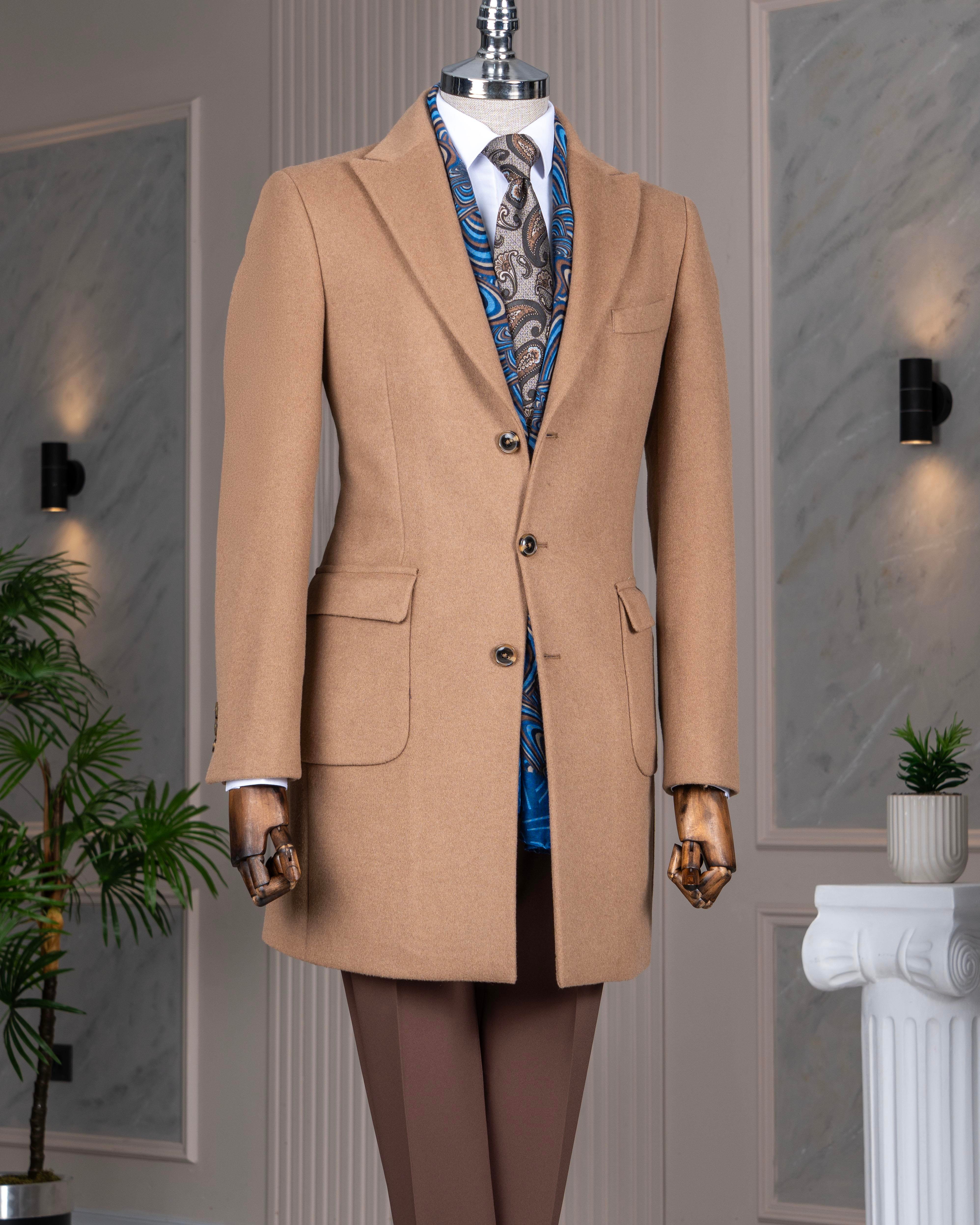 İtalyan stil slim fit sivri yaka yün karışımlı kaşe erkek kaban camel T13447